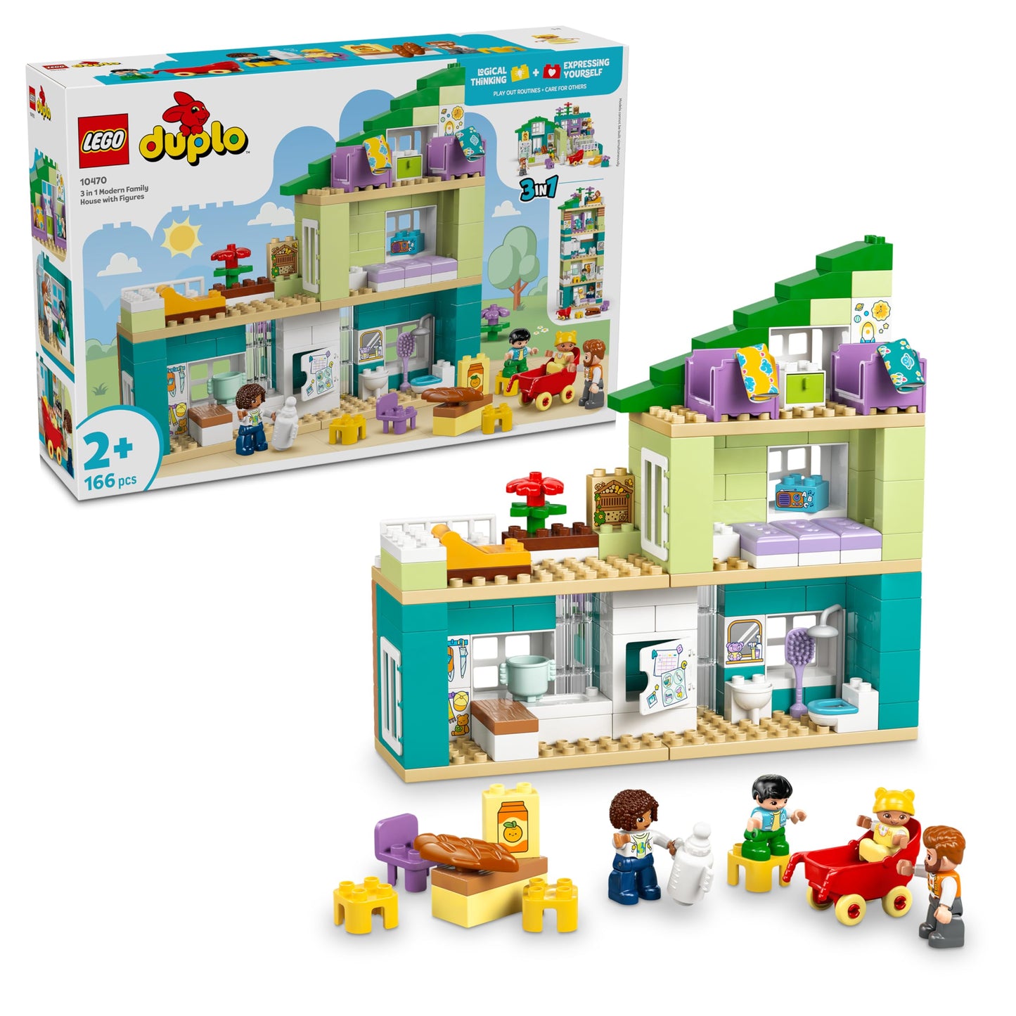 LEGO DUPLO 3-in-1 Modern Family House with Figures - Toddlers Learning Toy for Fine Motor Skills - Montessori Toy with Dollhouse Accessories - Gift for Girls and Boys from 2 Years - 10470
