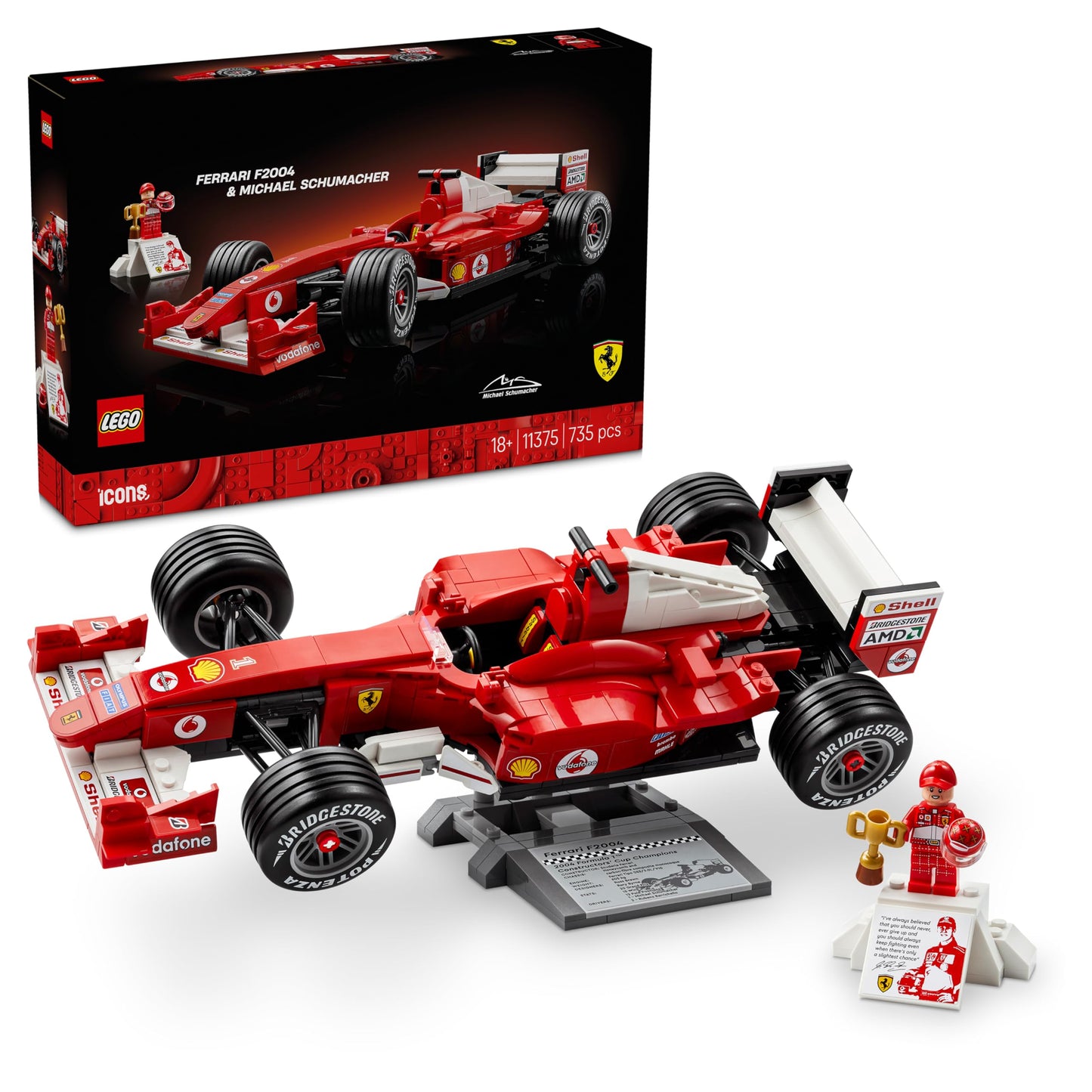LEGO Icons Ferrari F2004 and Michael Schumacher - F1 racing car model building for adults - F1 model car set with V10 engine & collectible driver minifigure - Formula 1 gift for motorsport fans - 11375
