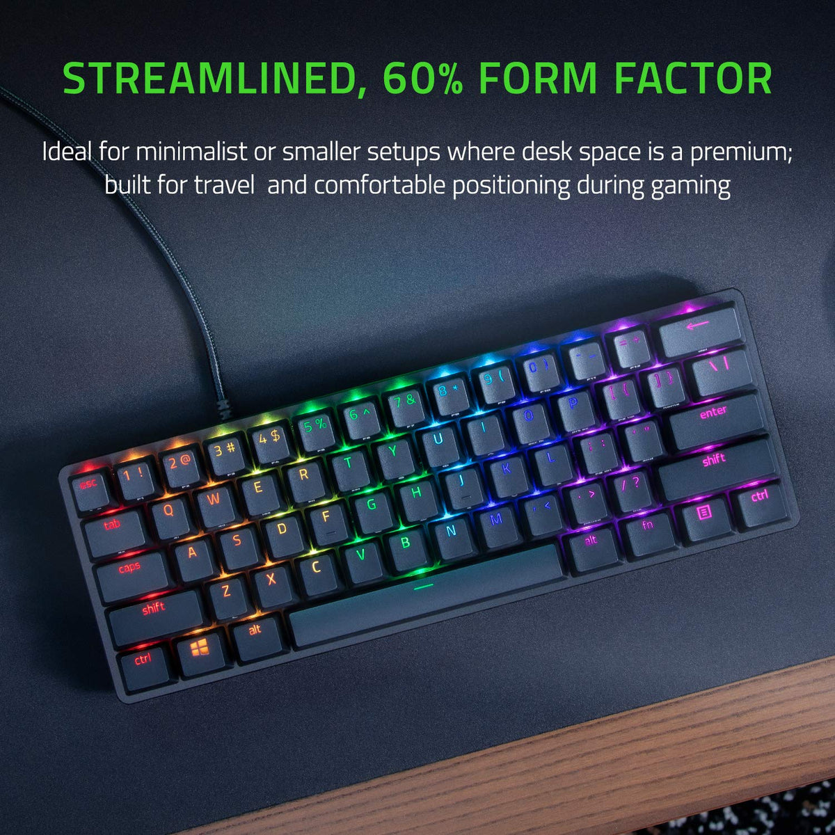 Razer Huntsman Mini (Red Switch) - Tastatur de gaming compactă 60% (Switch-uri optice liniare, capace de taste Doubleshot PBT, cablu USB-C detașabil) QWERTY US-Layout | Negru - RZ03-03390200-R3M1