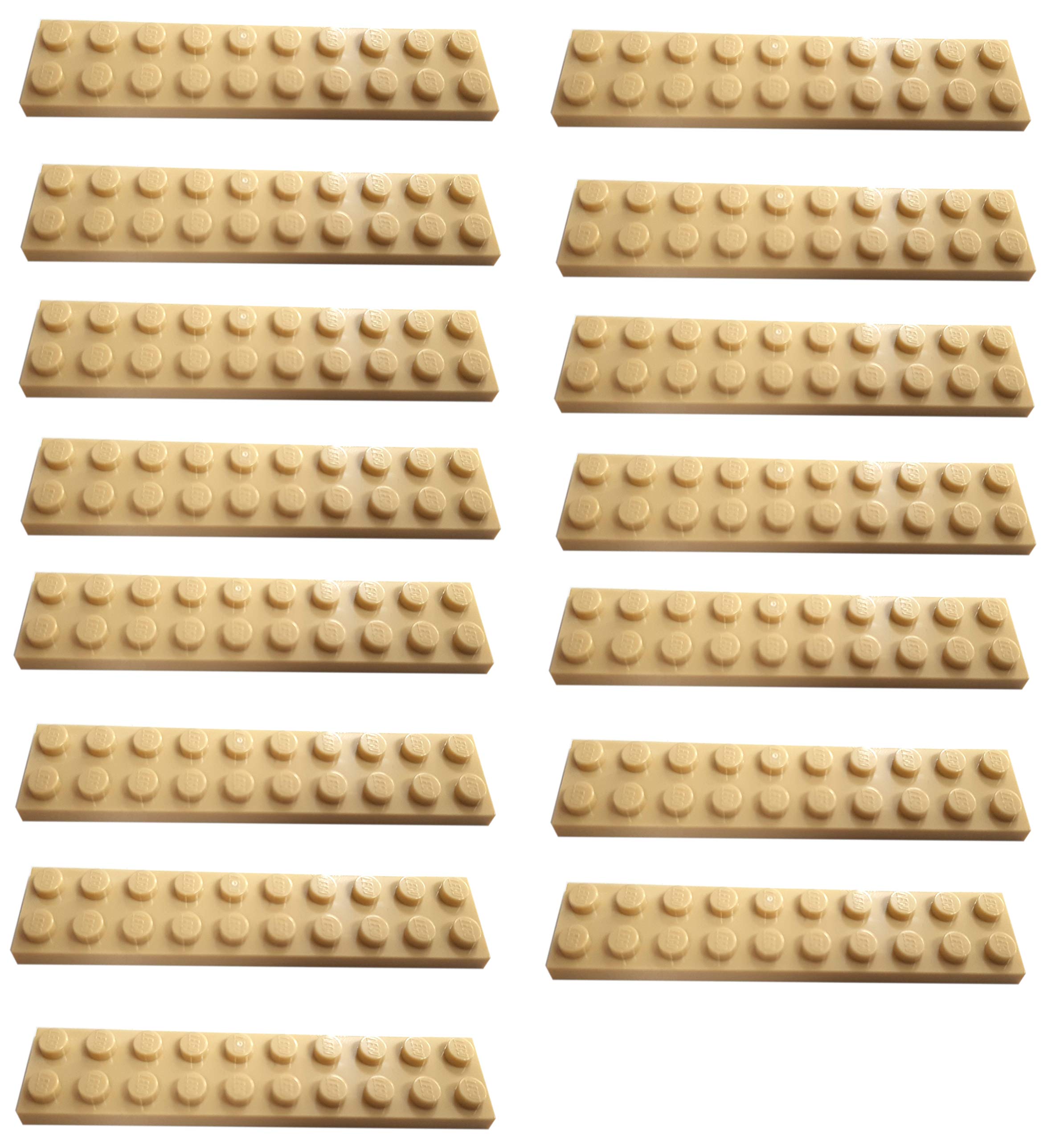 15 pieces of LEGO "Plate 2x10 studs" in beige.