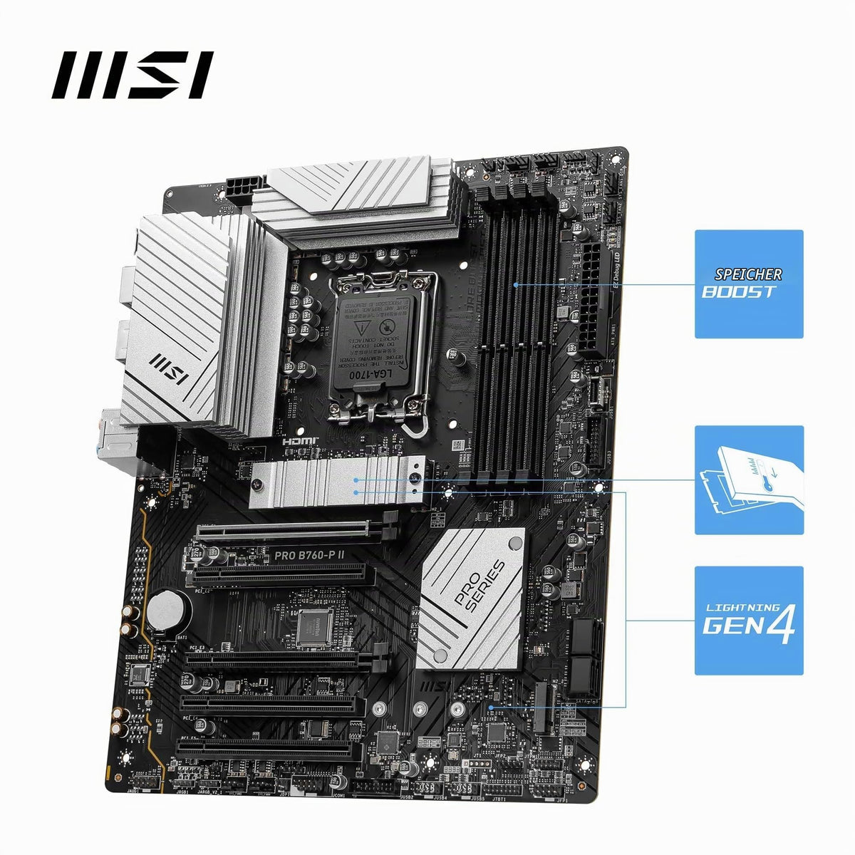 Placa de bază MSI PRO B760-P II, ATX - Suportă procesoare Intel Core de generația a 14-a, a 13-a și a 12-a, LGA 1700 - Memorie DDR5 Boost 7000+MHz/OC, sloturi PCIe 4.0 x16, sloturi M.2 Gen4, LAN 2.5G - 7E29-002R