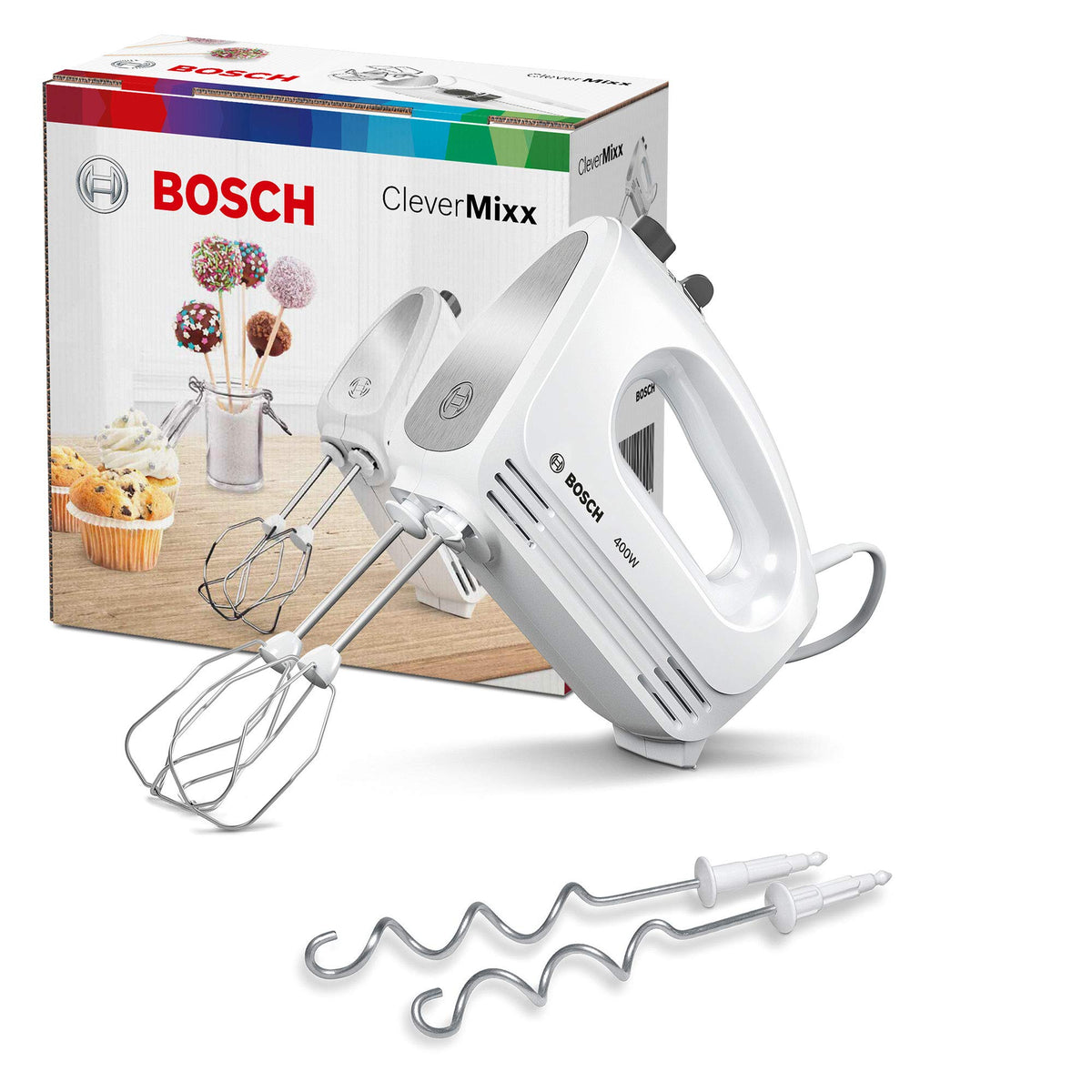Bosch Hand Mixer, 2 beaters, 2 dough hooks, stainless steel, dishwasher safe, 4 speed settings, turbo function, lightweight, quiet, 400 W, white, CleverMixx MFQ24200