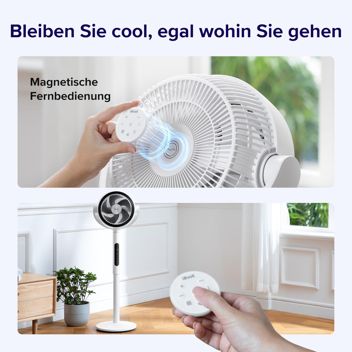 Levoit DC motor pedestal fan, 20dB quiet fan, 30m throwing distance, 2465m³/h air volume, fan with remote control and cooling, 2 in 1 height adjustable, 4 modes/12 levels/12 hour timer, white, 110cm - LPF-R432-WEU