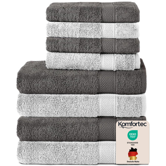 Set 8 prosoape Komfortec, 4 prosoape de baie 70x140 cm și 4 prosoape de mâini 50x100 cm, din frotir 100% bumbac, pufoase și absorbante, antracit/alb - 4er-50x100-und-4er-70x140-anth-weiss