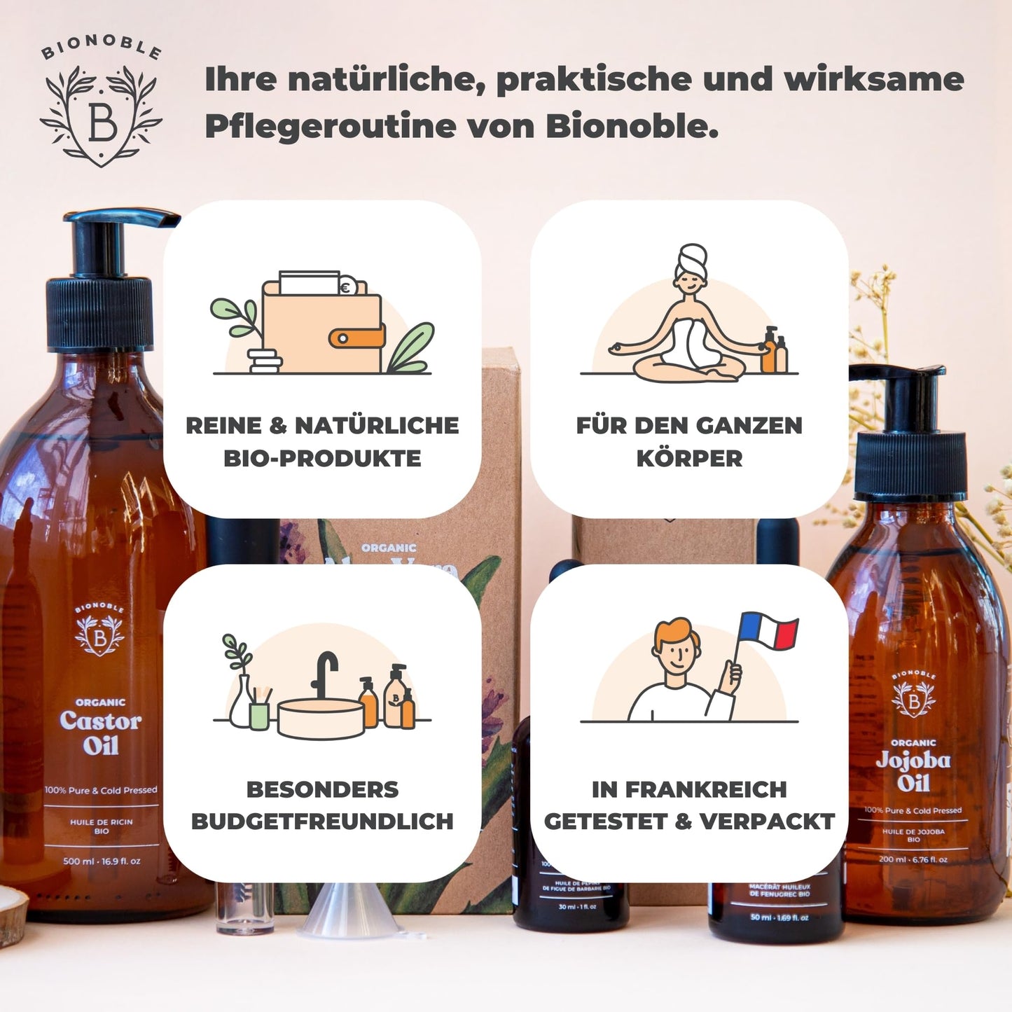 BIONOBLE Castor Oil Cold Pressed Organic + Mascara Kit - Eyelashes, Hair - 500ml - France