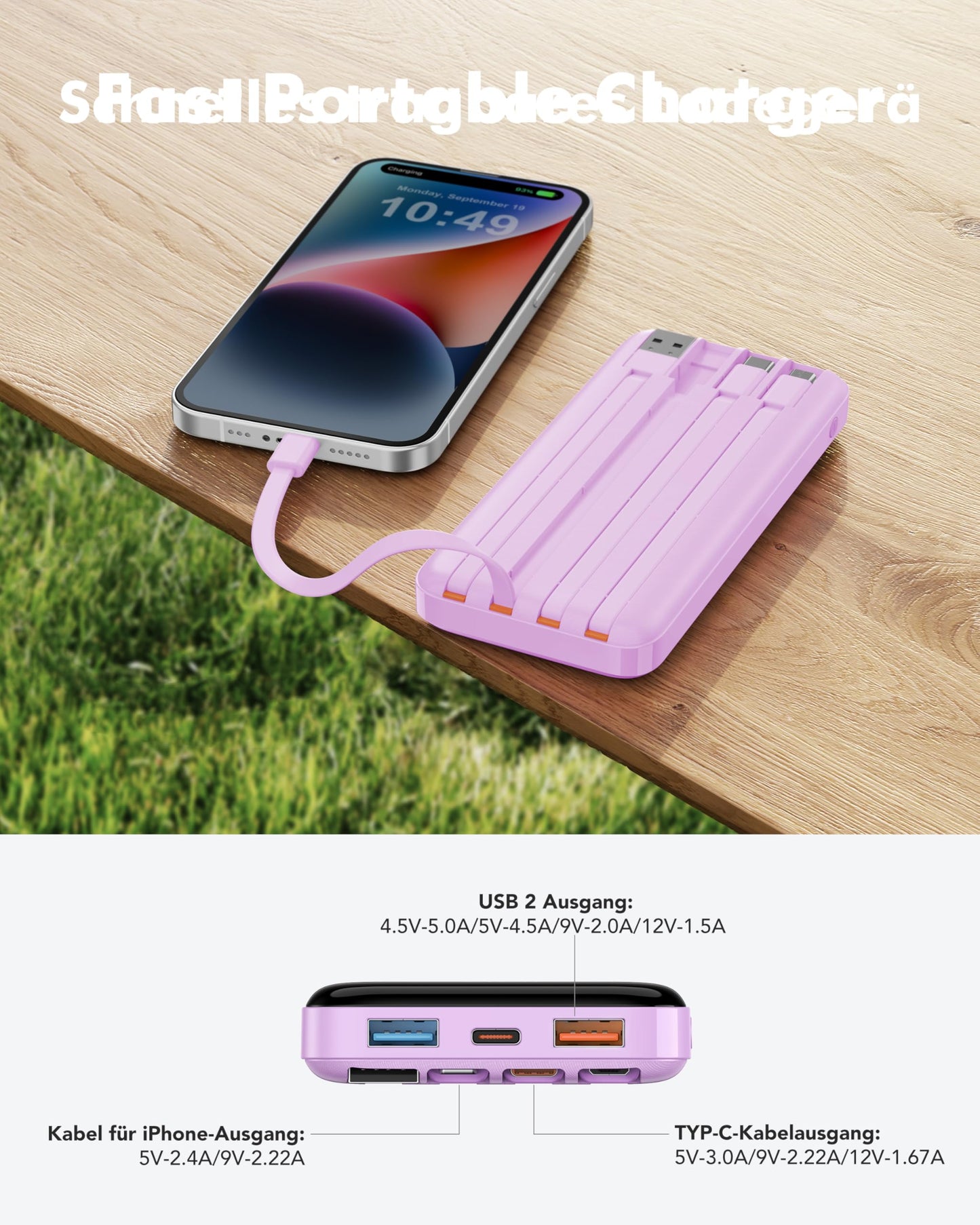 Charmast Power Bank, 22.5W Power Bank 20000mAh with 4 Cables-Purple - C2065