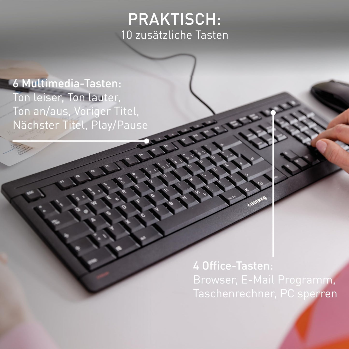 CHERRY Stream Keyboard, wired keyboard, German layout (QWERTZ), whisper-quiet keystroke, unique typing feel, flat design, white-gray - JK-8500DE-0