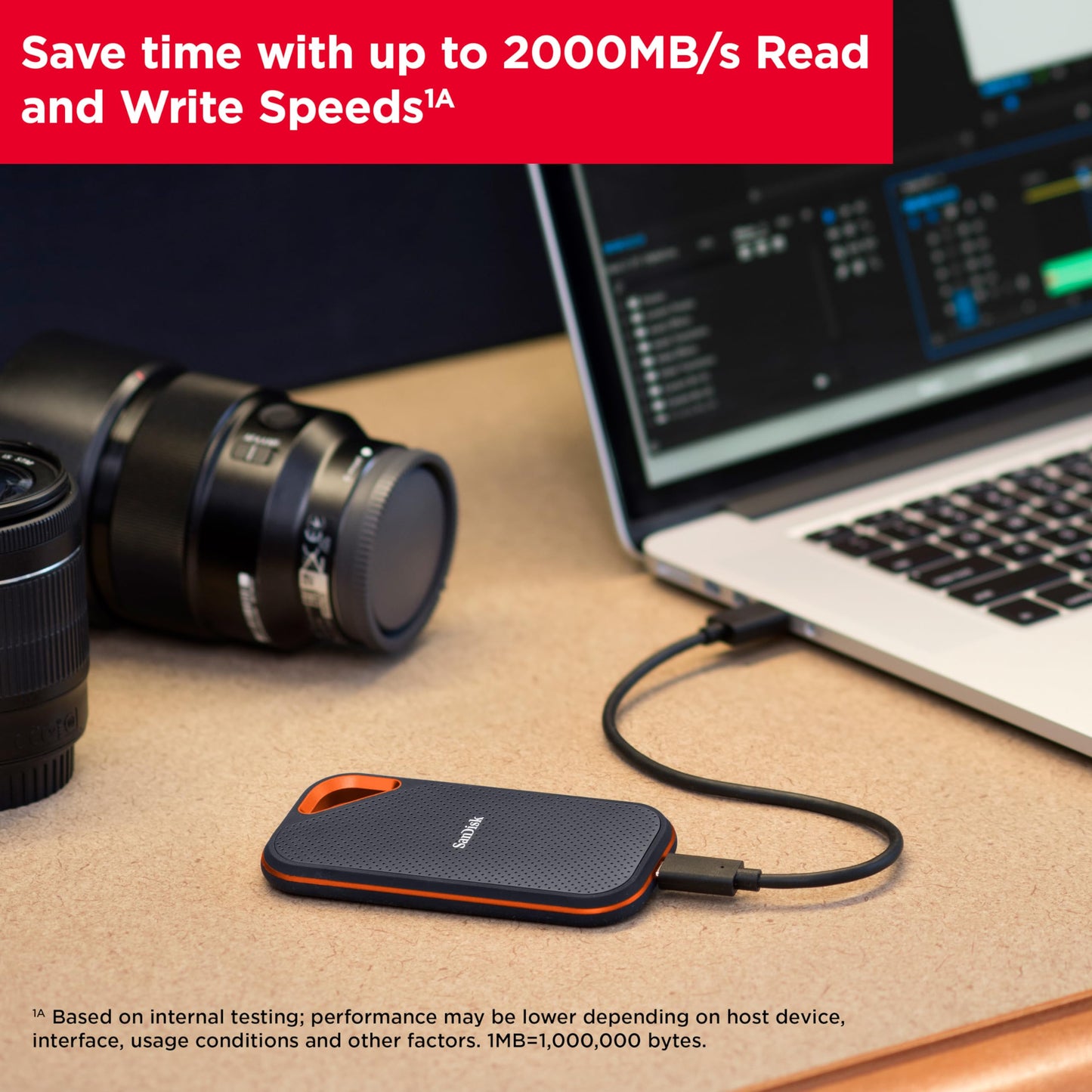 SanDisk Extreme PRO Portable SSD 1TB (external SSD, NVMe SSD performance, 2.5 inch, 2,000 MB/s read and write, AES encryption, IP65 water and dust protection) gray - SDSSDE81-1T00-G25