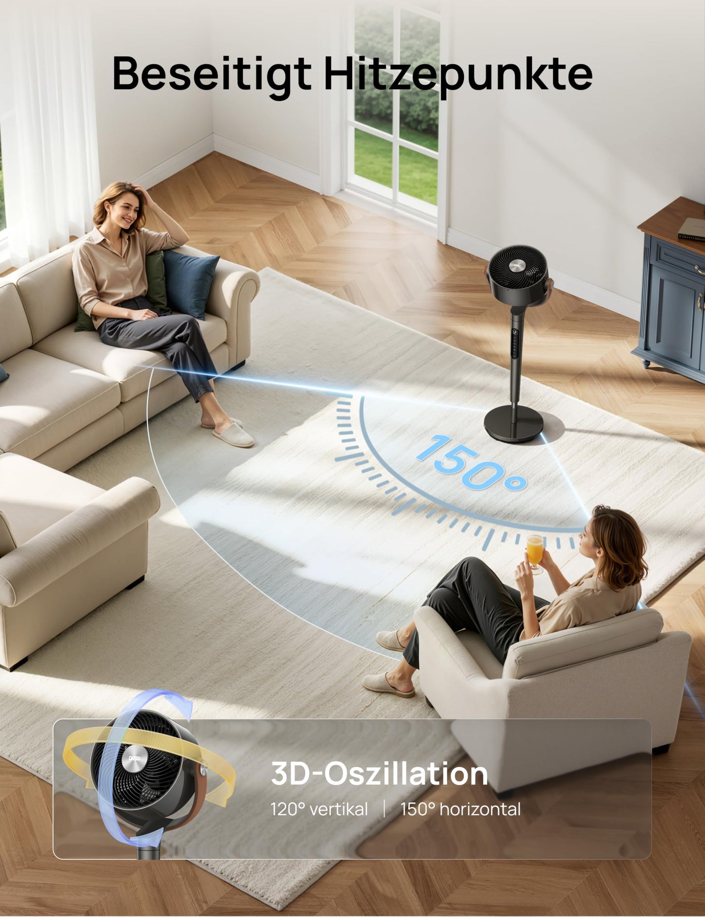 DREO 20dB quiet smart pedestal fan for bedrooms with RGB LED, 150°+120° oscillation, 30m air circulation fan and 2209m³/h air volume, 12 speeds, 6 modes, 94-107cm height, WiFi & Alexa - DR-HAF003S