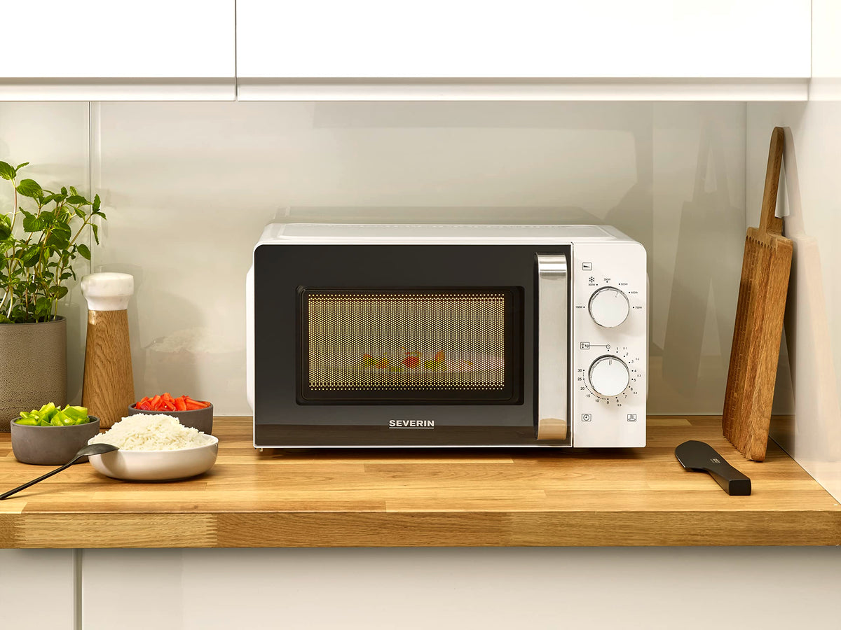 SEVERIN Solo Microwave, for defrosting and heating, microwave device with a turntable for even heat distribution, 17 L, White / Stainless Steel, MW 7885