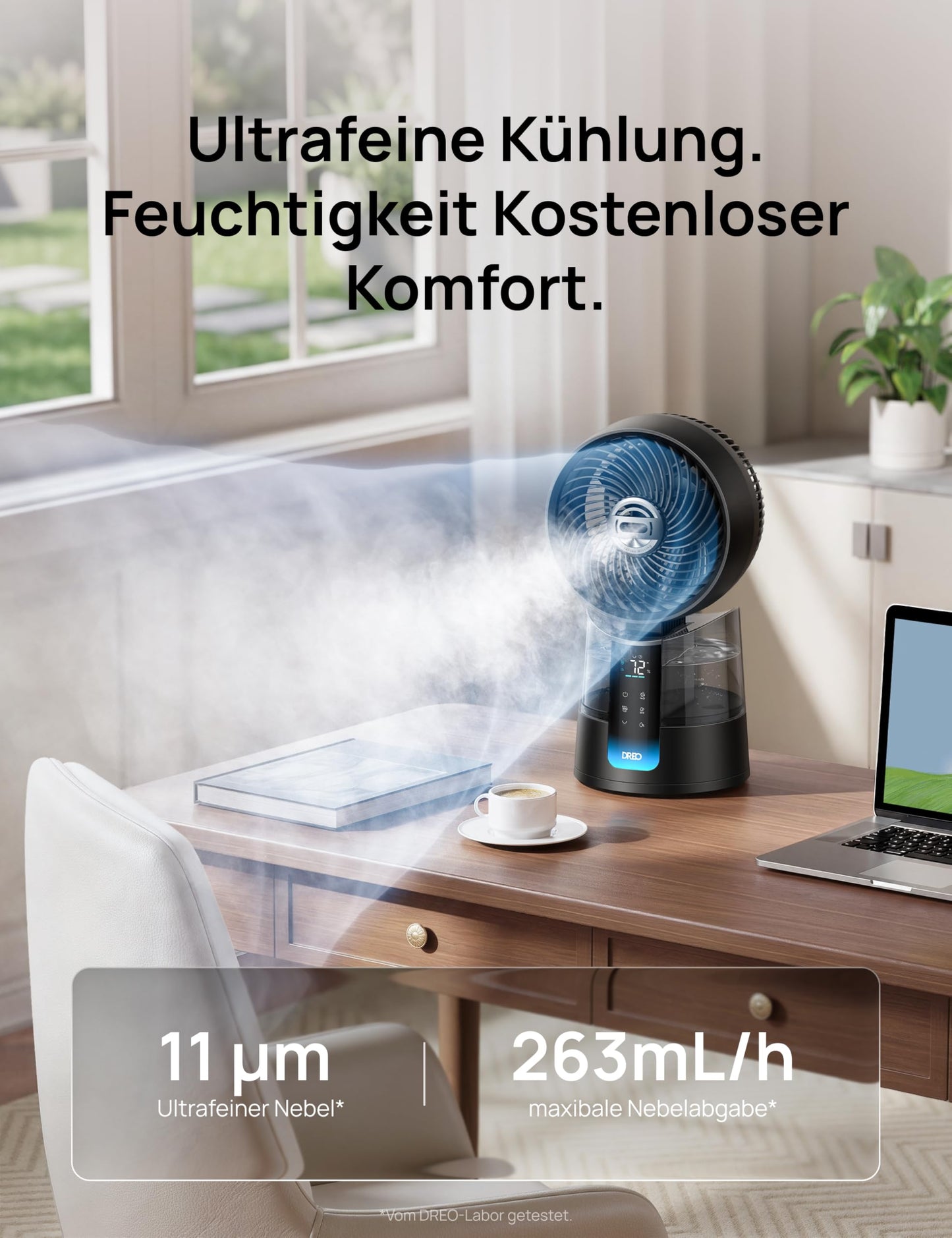 DREO TurboCool Mist Fan 516S, table fan with 150°+30° oscillation, evaporative cooler, 7.9 m/s, ultra-fine mist, 20 dB quiet, 6 speeds, 2 modes, app & remote control, RGB, gray - DR-HEC006S