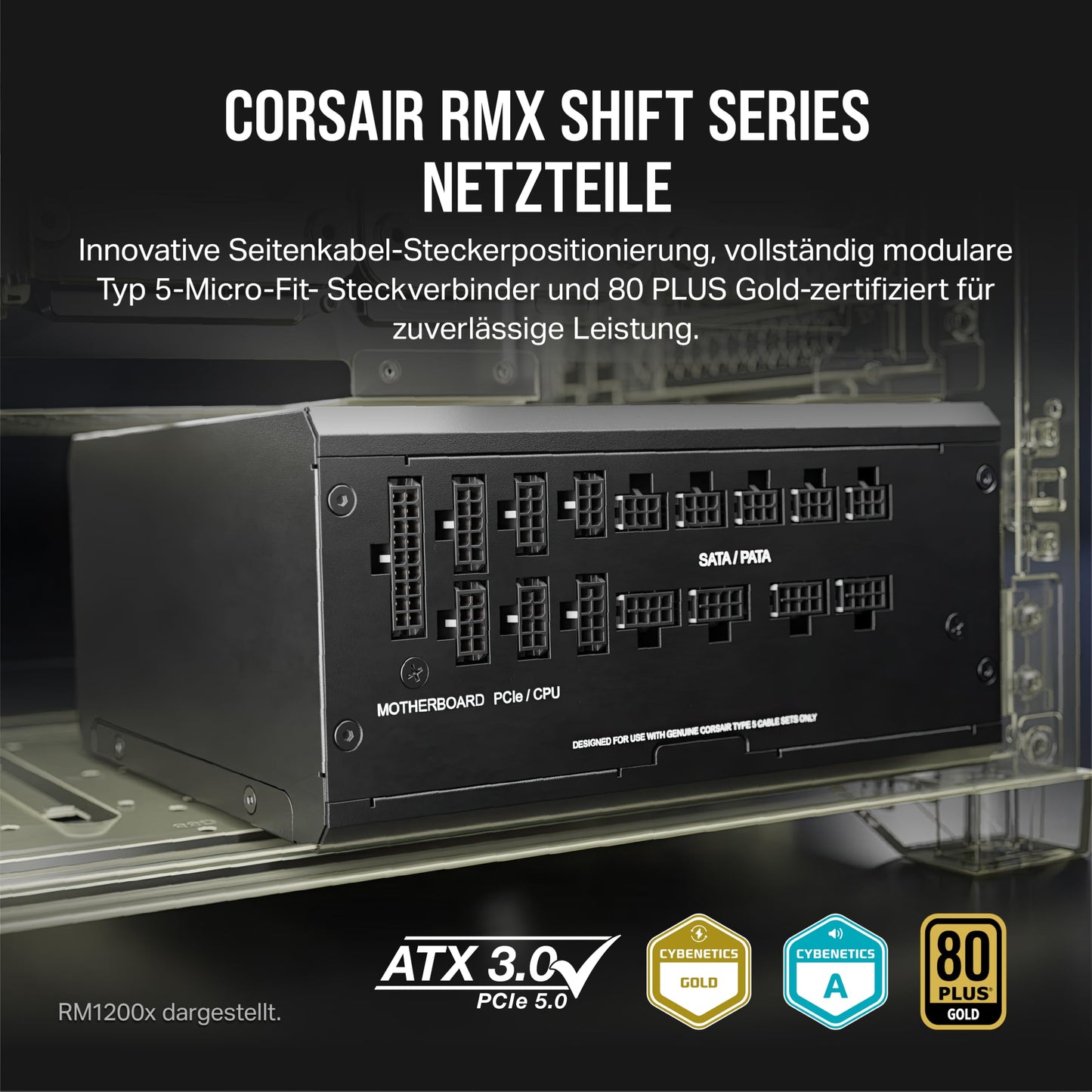 Corsair RM850x SHIFT Fully Modular ATX Power Supply - Modular Side Interface - ATX 3.1 & PCIe 5.1 Compatible - Zero Speed Fan Mode - 105°C Capacitors - 80 PLUS Gold Efficiency - Black - CP-9020252-EU