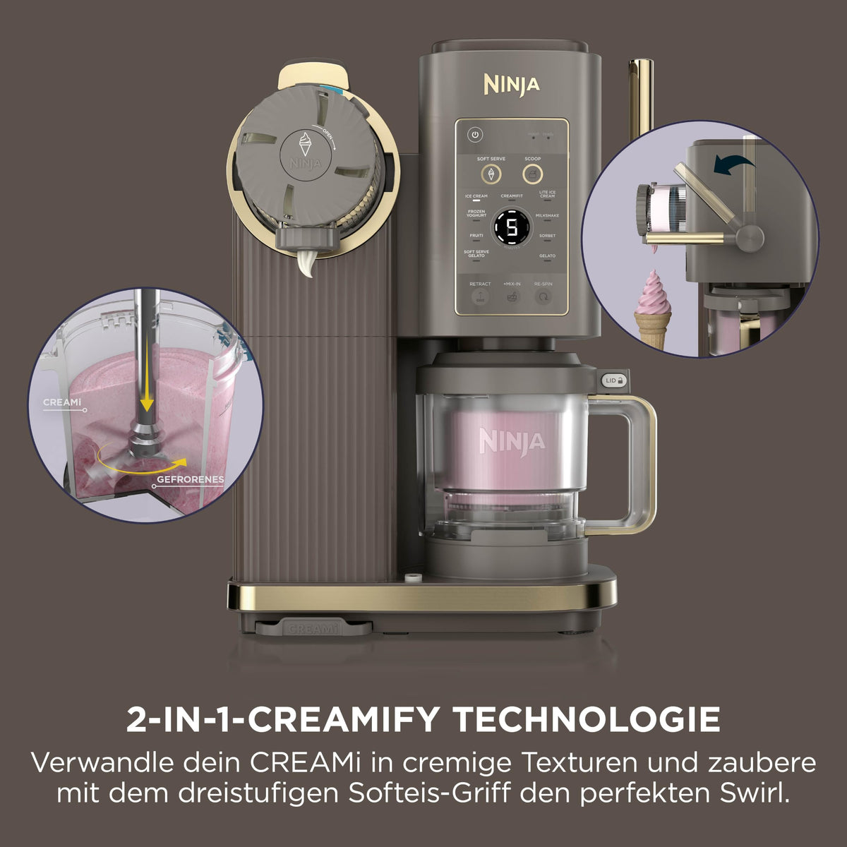 Ninja CREAMi Scoop & Swirl mașină de înghețată cu 2 recipiente, 13 funcții, pentru înghețată, înghețată moale, gelato, sorbet, milkshake-uri și multe altele, cu funcție Mix-In pentru extra ingrediente, Mokka, NC701EUBR