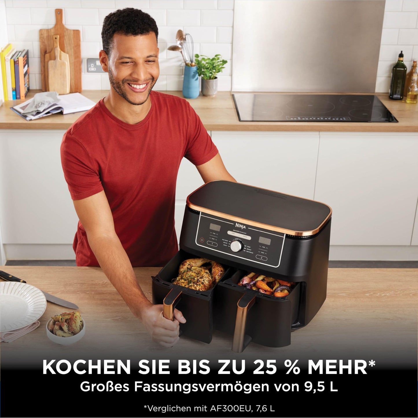 Ninja Foodi MAX Dual Zone Air Fryer, 9.5L Airfryer, 2 Compartments, with Tongs, Non-Stick Coating, Dishwasher Safe Baskets, 6-in-1, Amazon Exclusive, Copper/Black, AF400EUCP