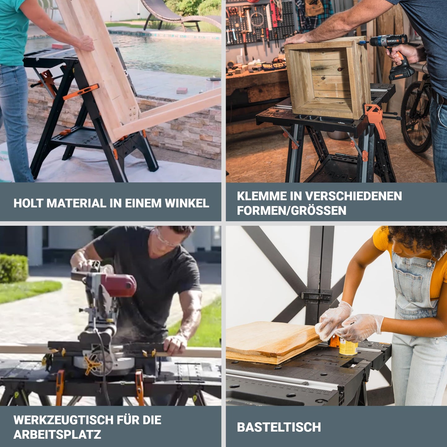 WORX PEGASUS WX051 mobile multifunctional workbench - high-quality foldable work table for the workshop, max. load 450kg - including quick clamping device - high stability & large work surface