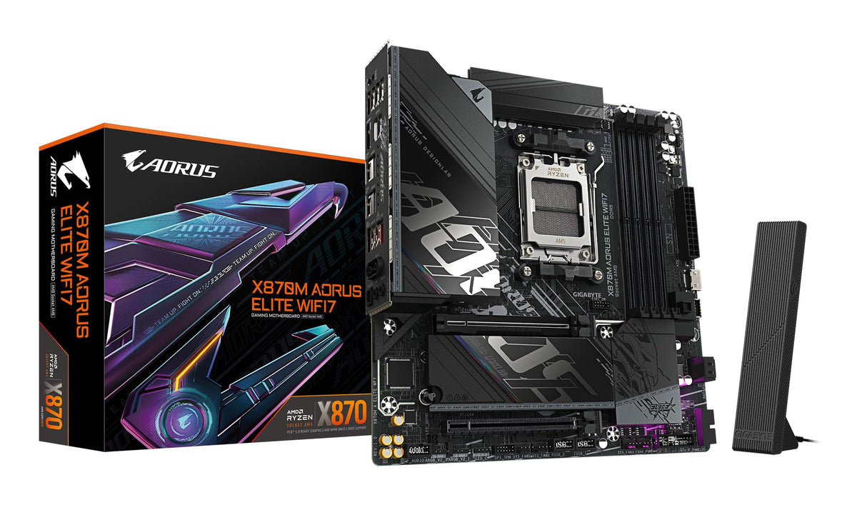 GIGABYTE X870M AORUS Elite WIFI7 Mainboard – Supports AMD Ryzen 9000 CPUs, Digital 14+2+2 Phase VRM, up to 8200 MHz DDR5 (OC), 1 x PCIe 5.0 + 1 x PCIe 4.0, Wi-Fi 7, 2.5 GbE LAN, USB 4
