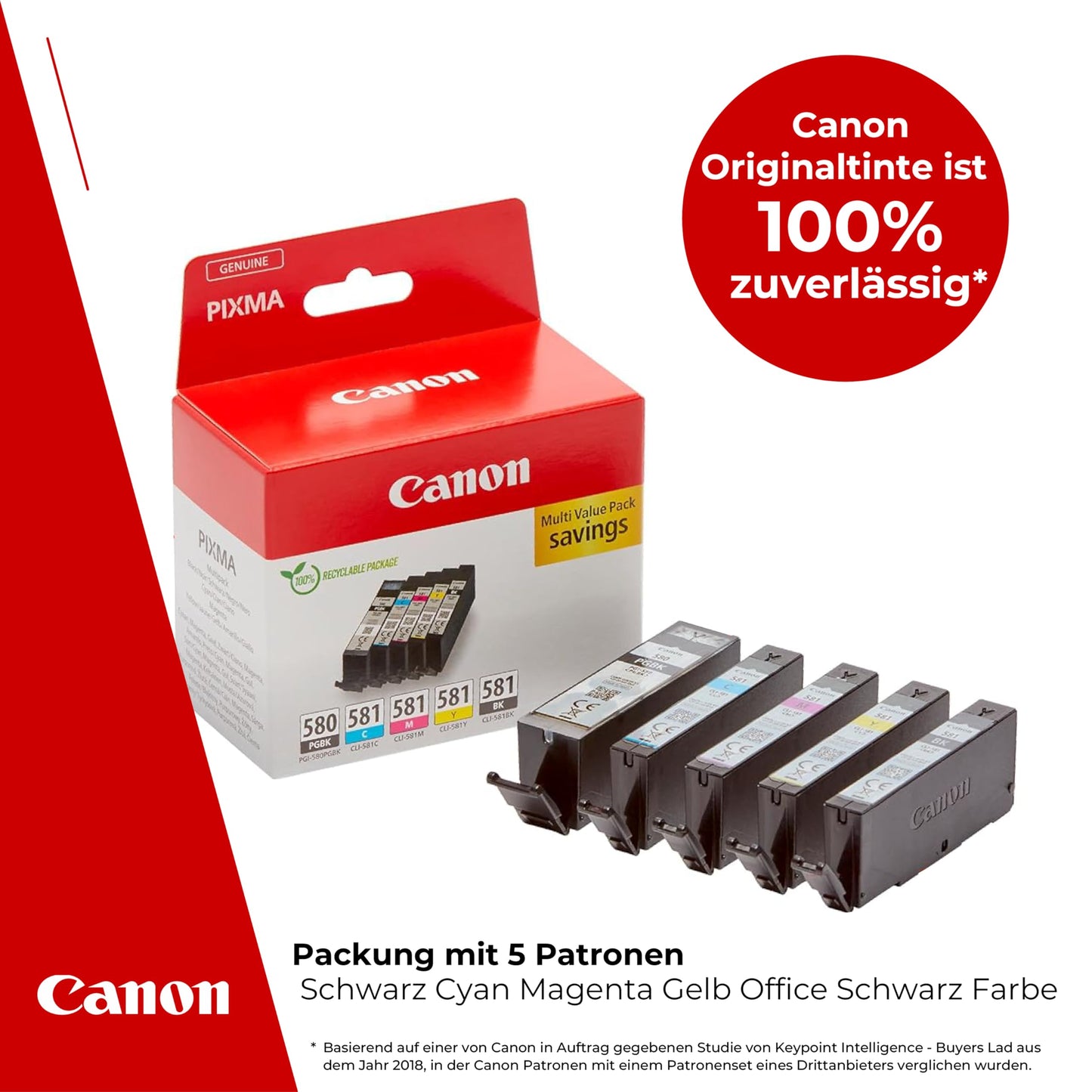 Canon Ink Multipack - PGI-580/CLI-581 Original Printer Ink Cartridges Pack of 5 (1 x Black, 1 x Cyan, 1 x Magenta, 1 x Yellow & 1 x Black printer cartridges) - 2078C007