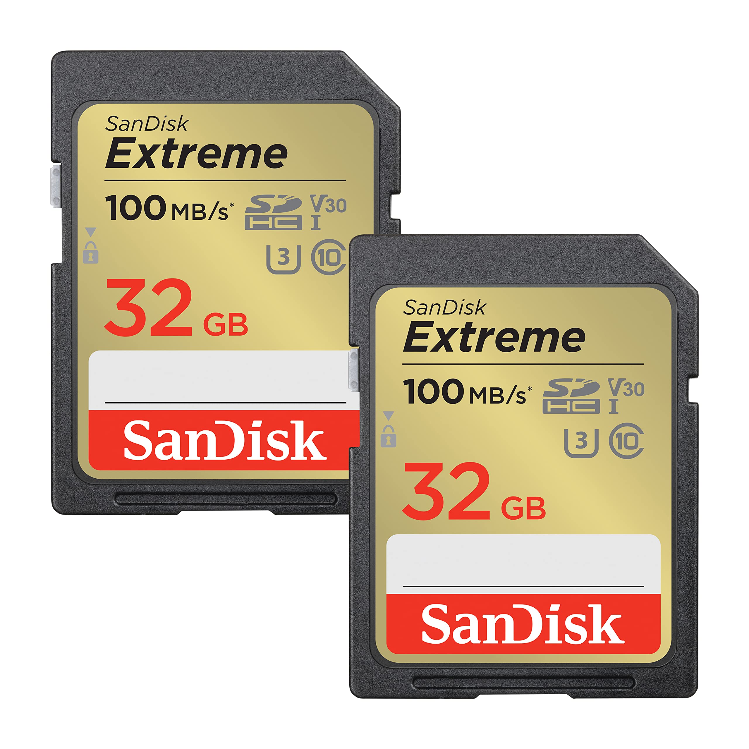 SanDisk Extreme SDHC UHS-I Memory Card 2-Pack 32GB (V30, 100MB/s Transfer, U3, 4K UHD Videos, Waterproof, Shockproof, Temperature Resistant) - SDSDXVT-032G-GNCI2