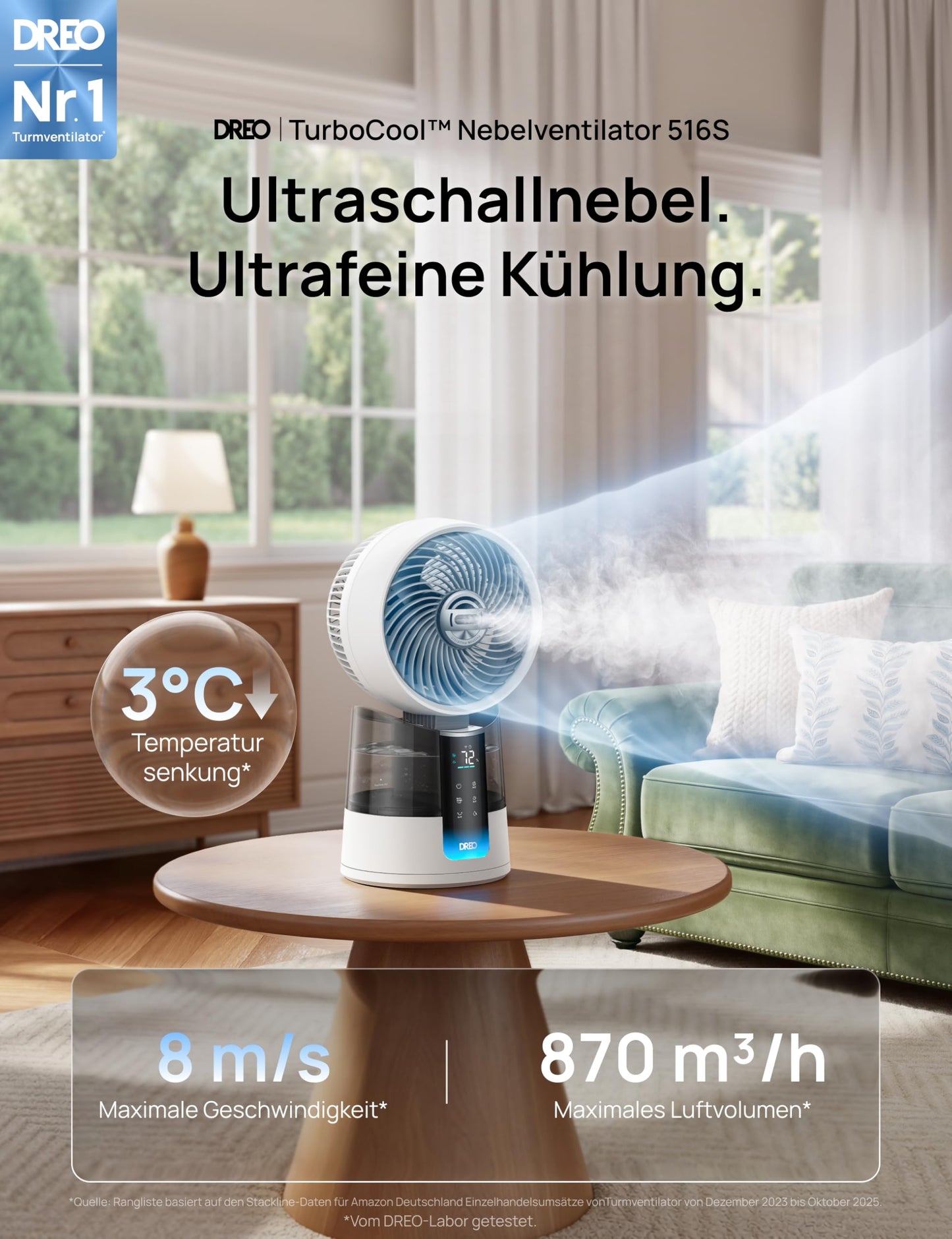 DREO TurboCool Mist Fan 516S, table fan with 150°+30° oscillation, evaporative cooler, 7.9 m/s, ultra-fine mist, 20 dB quiet, 6 speeds, 2 modes, app & remote control, RGB, white - DR-HEC006S