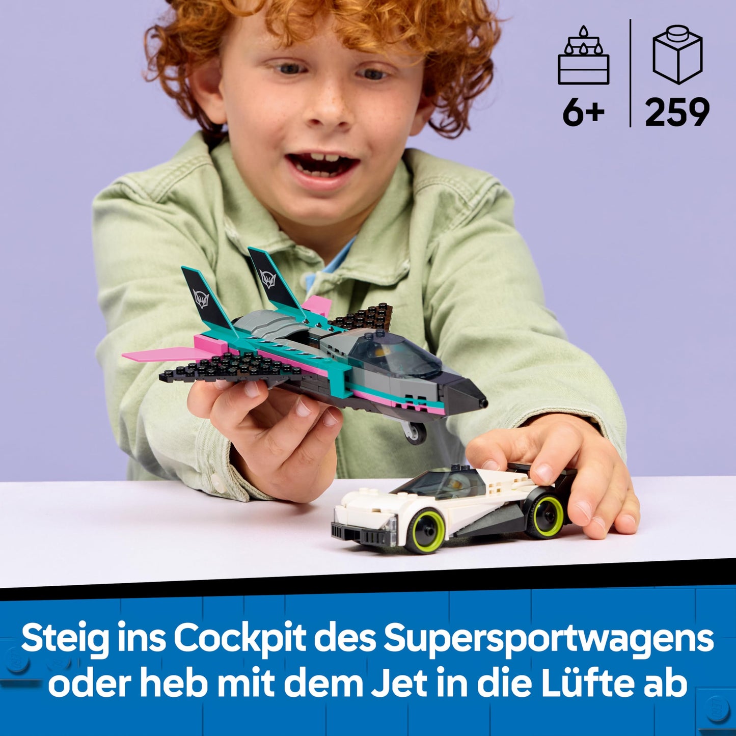 LEGO City jet plane vs. racing car - toy set with plane, super sports car and pilot and driver minifigure - birthday gift for boys aged 6 and over - 60489