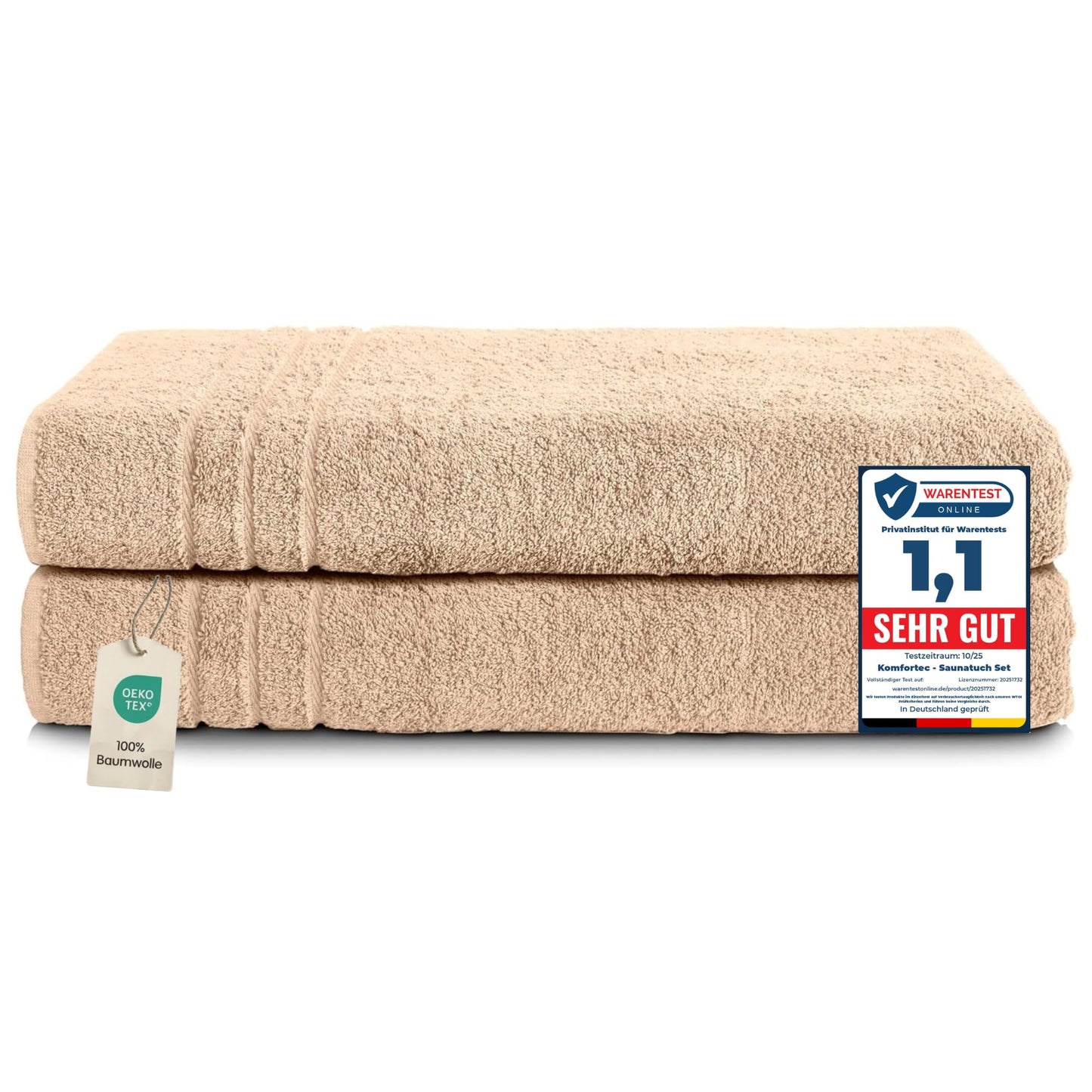 Komfortec 2 sauna towel set 80x200 cm, large sauna towels made of 100% cotton, sauna towels, fluffy and absorbent, quick-drying, sand/beige - 2er-80x200-beige