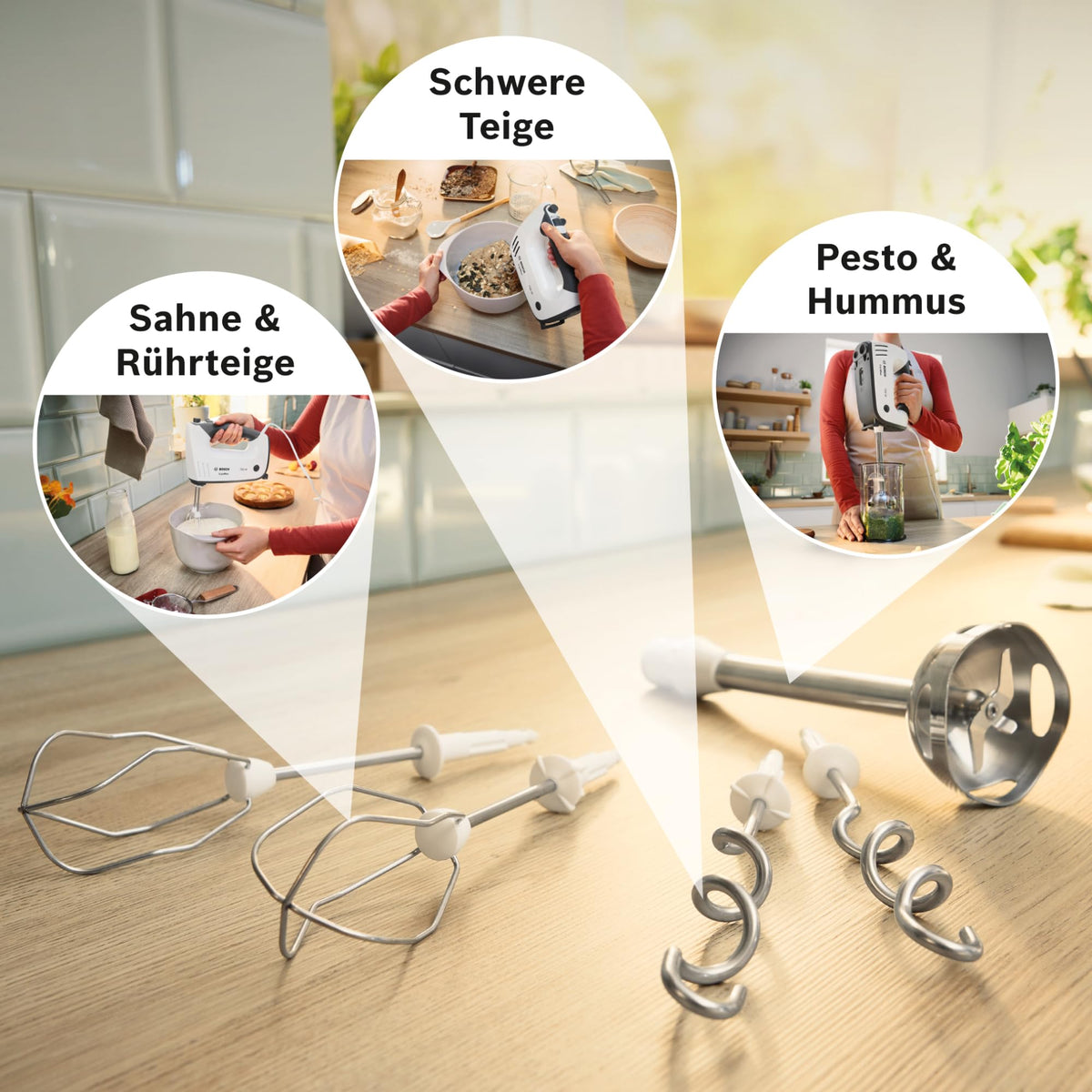 Dispozitiv de mixare Bosch, cu blender, pahar de mixare, mixer din oțel inoxidabil, cârlige pentru frământat, lavabil în mașina de spălat vase, 5 trepte plus buton turbo, alb/gri, 750 W, ErgoMixx MFQ37470