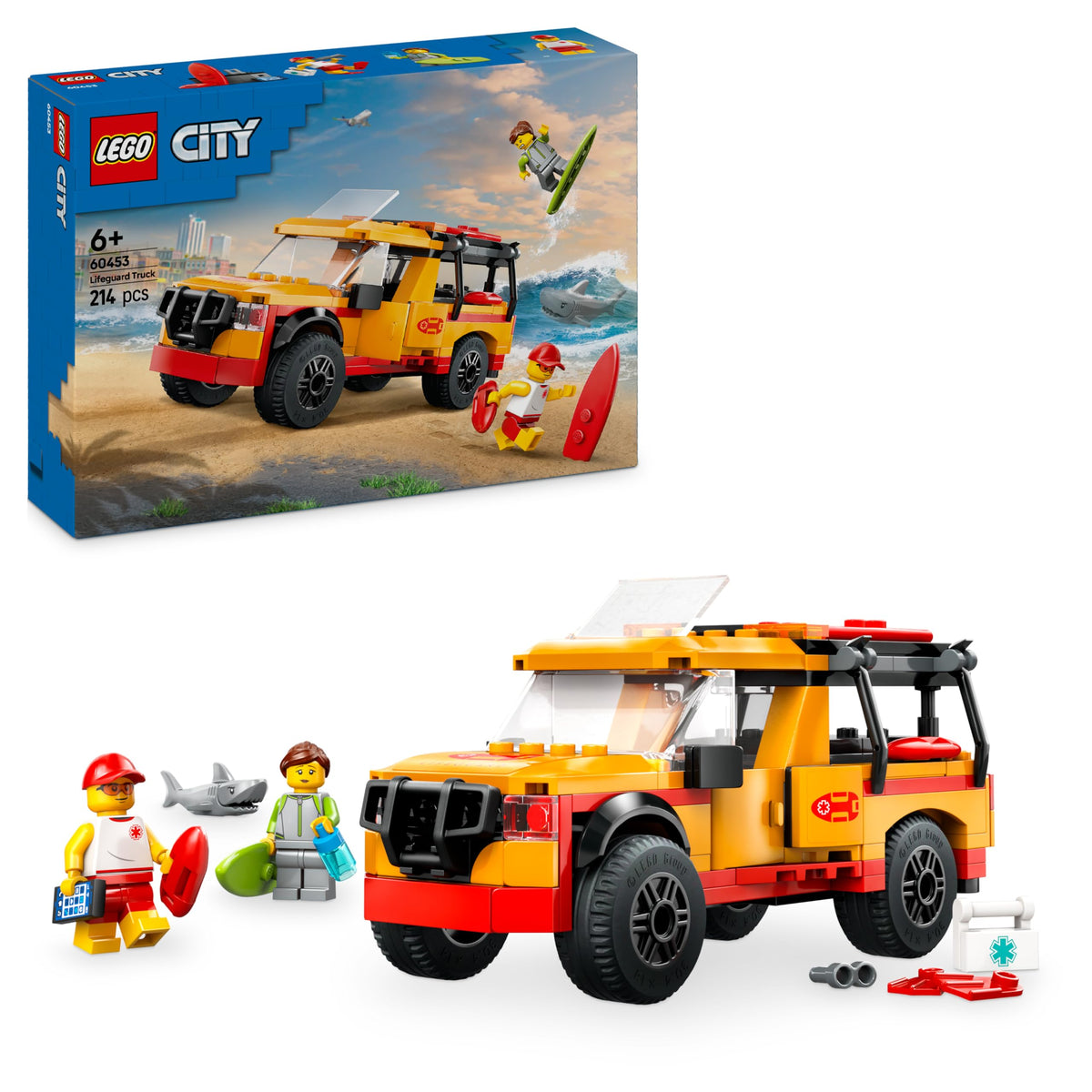 LEGO City Lifeguard Beach Rescue Truck Toy with 2 Minifigures and a Shark Figure - Building Set for 6+ Year Old Boys & Girls - Gifts for Beach-Loving Kids - 60453