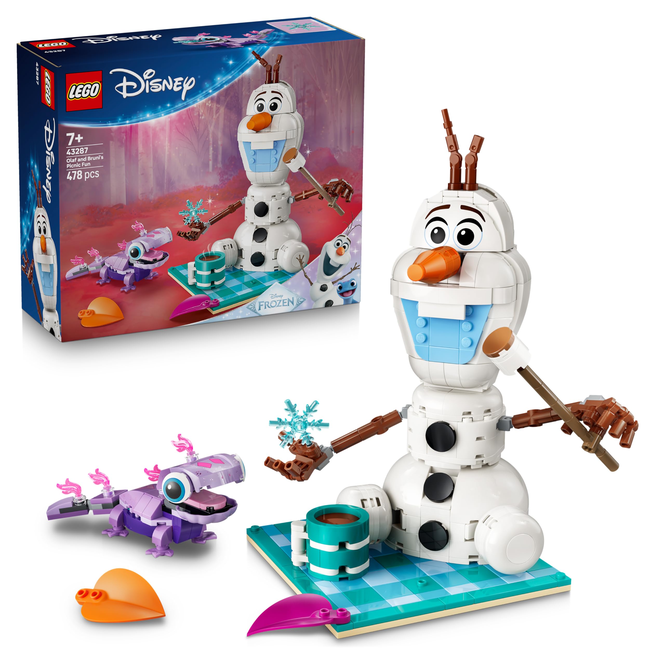 LEGO ǀ Disney Frozen picnic fun with Olaf and Bruni - snowman figure with picnic blanket and accessories - DIY decoration for the bedroom - gift for girls aged 7 and up and Frozen fans - 43287