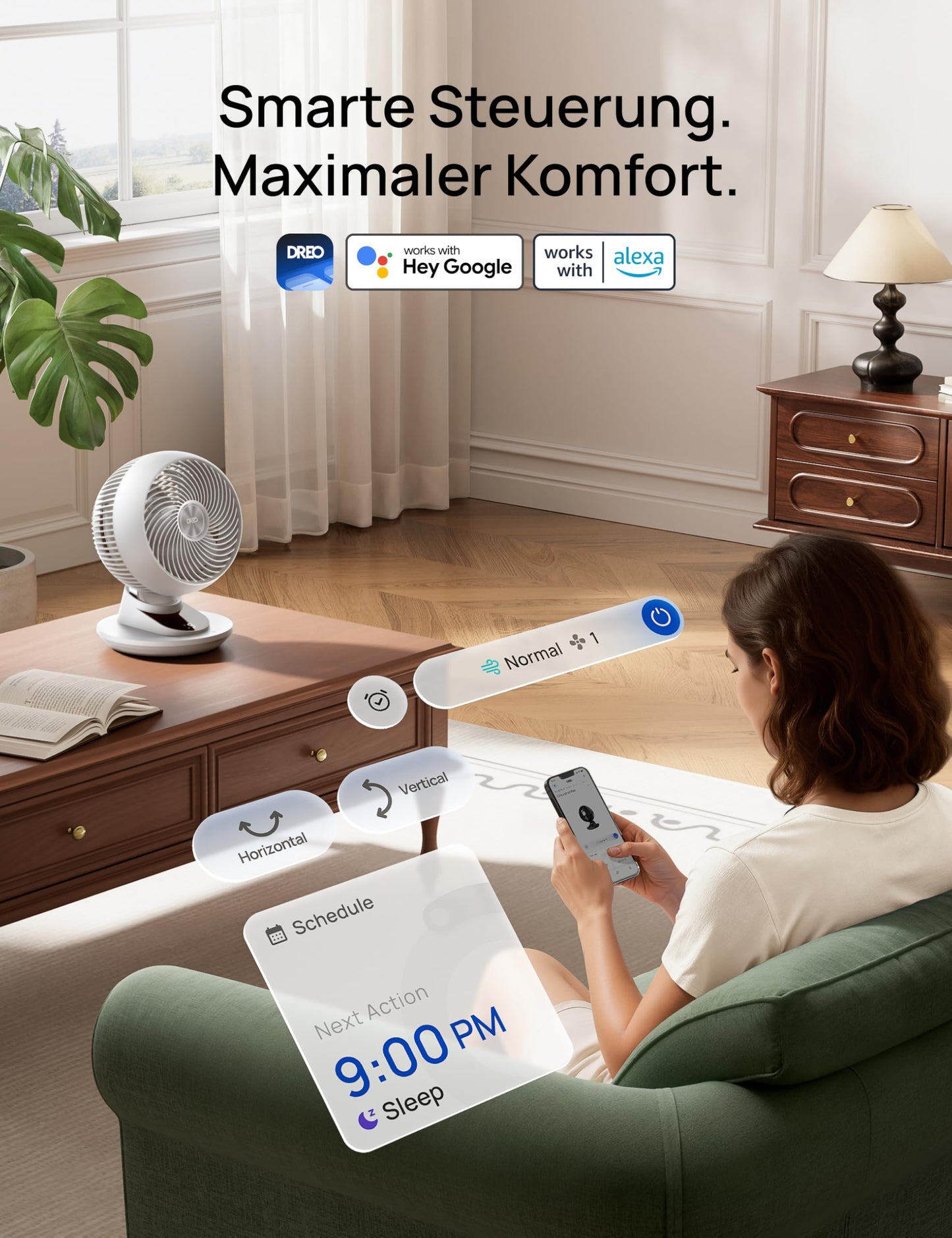 DREO 3D table fan, very quiet 22 dB, small fan with remote control, 8.8 m/s strong airflow, 90° oscillation, app & voice control, 9 levels, 8/12h timer for bedroom & office - DR-HAF008