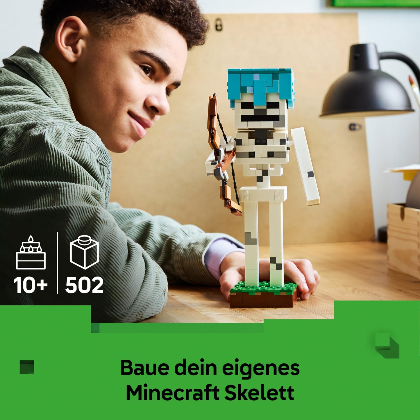 LEGO Minecraft The Skeleton - Mob figure with diamond helmet, bow and arrow and grass base as a room decoration for children - gaming gift for boys, girls and fans aged 10 and over - 21594