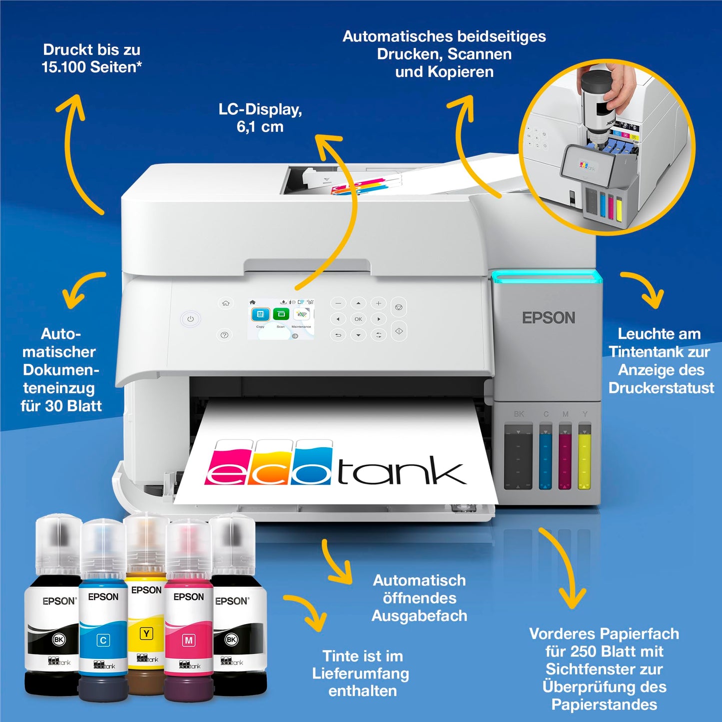 Epson EcoTank ET-3956 ink tank printer | for the home office | WiFi | A4 | Duplex printing, copying, scanning | 6.1 cm LCD display | 30-sheet ADF| Includes ink for up to 3 years