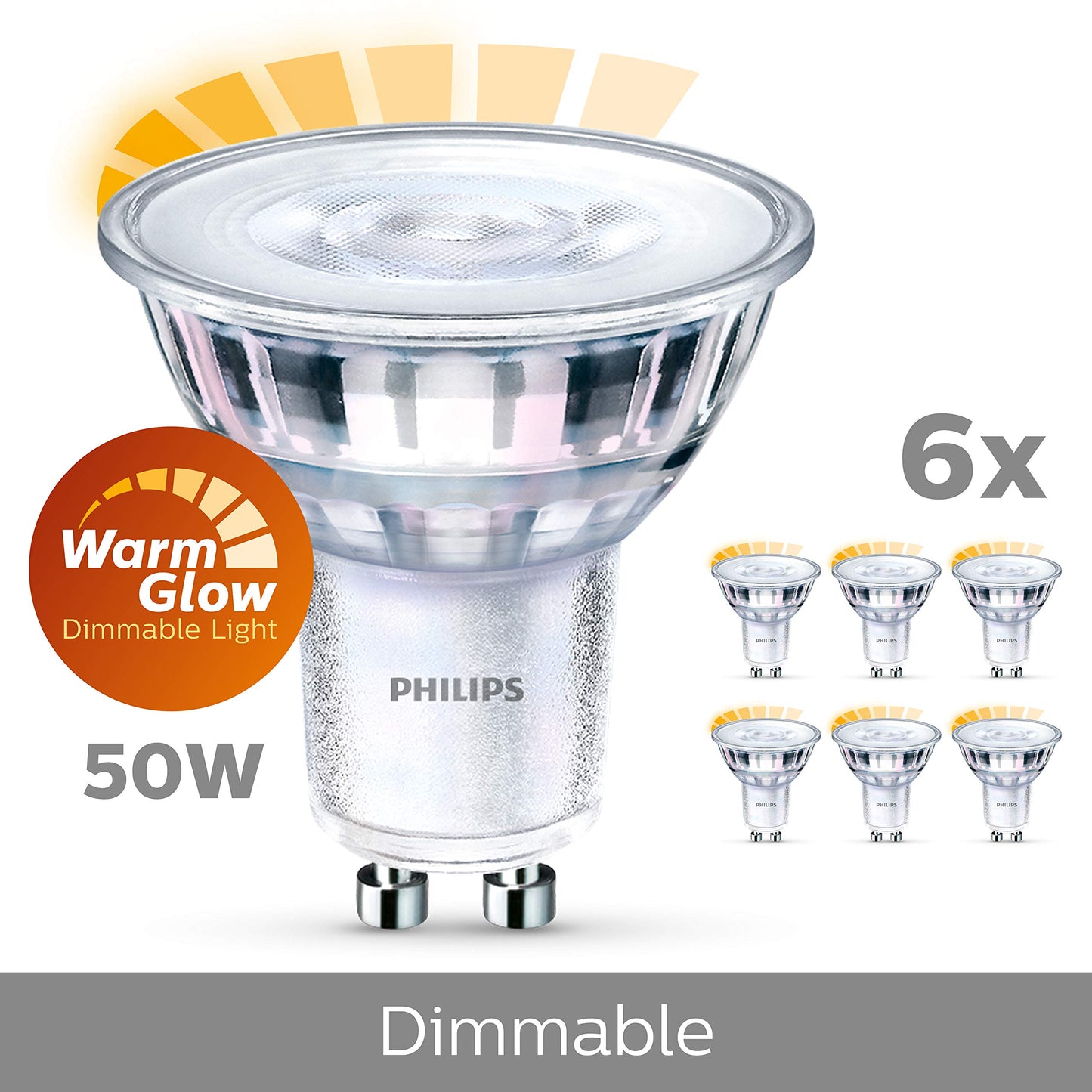 Philips LED Classic GU10 lamps Warm Glow pack of 6 (50 W), dimmable reflector LED spots with warm white light, energy-saving lamps with a long useful life, warm glow dimmable - 929002065798