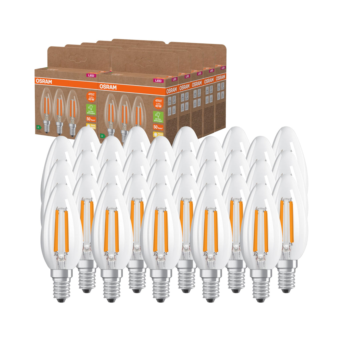 Osram LED-uri de înaltă eficiență cu clasă de eficiență energetică A, pachet avantajos cu 30 de surse de iluminat, înlocuiesc becurile tradiționale de 40W, formă de candelă, alb cald (2700K), E14, sticlă filament. - 4099854338724