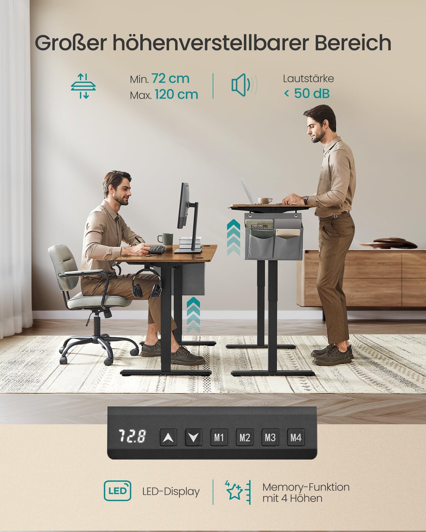 SONGMICS Electric height-adjustable desk, 140 x 60 cm, infinitely adjustable, memory function with 4 heights, vintage brown LSD134K01