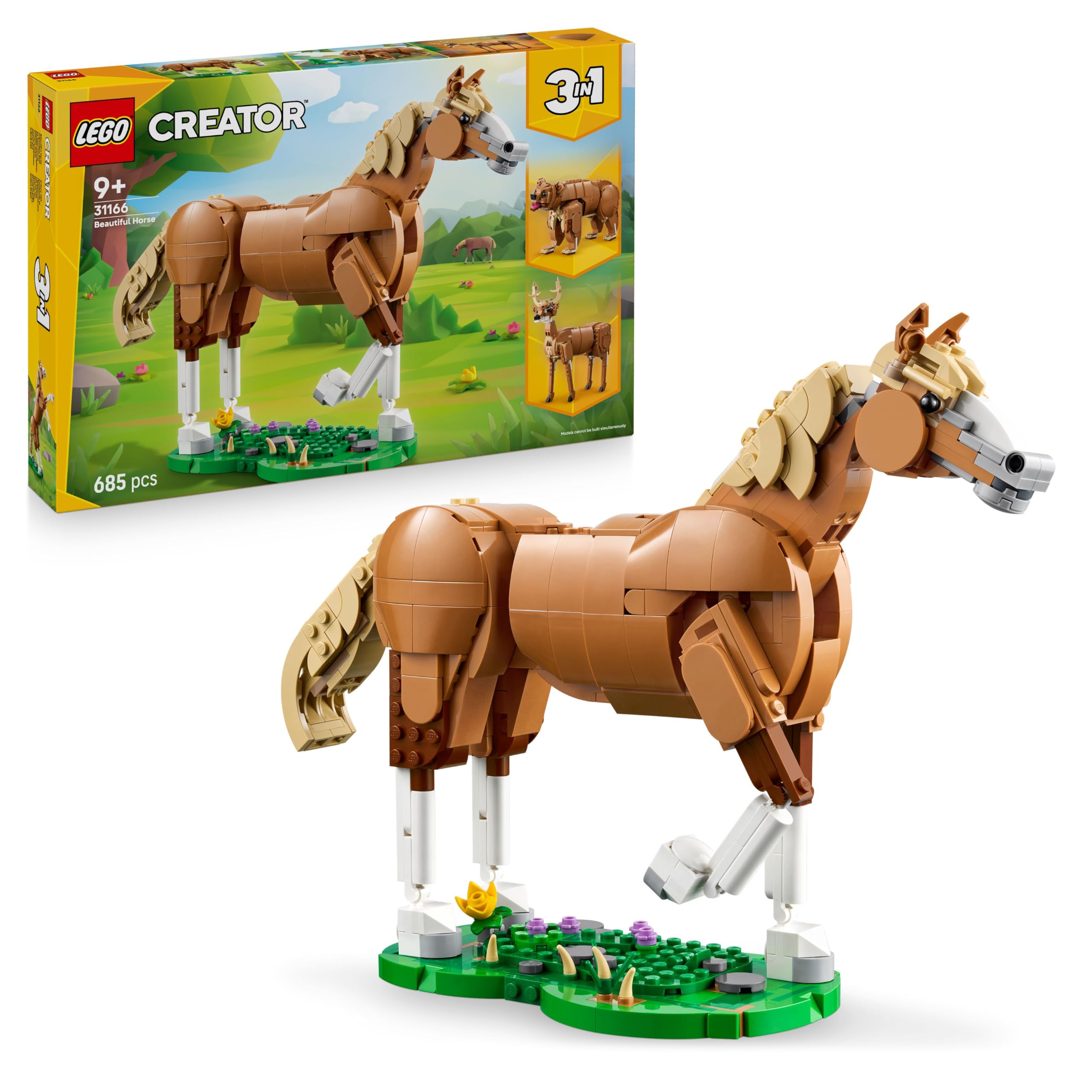 LEGO Creator 3in1 Magnificent Horse - Horse Toy - Build a Bear or Deer Figure - Birthday Gift for Girls and Boys from 9 Years - 31166