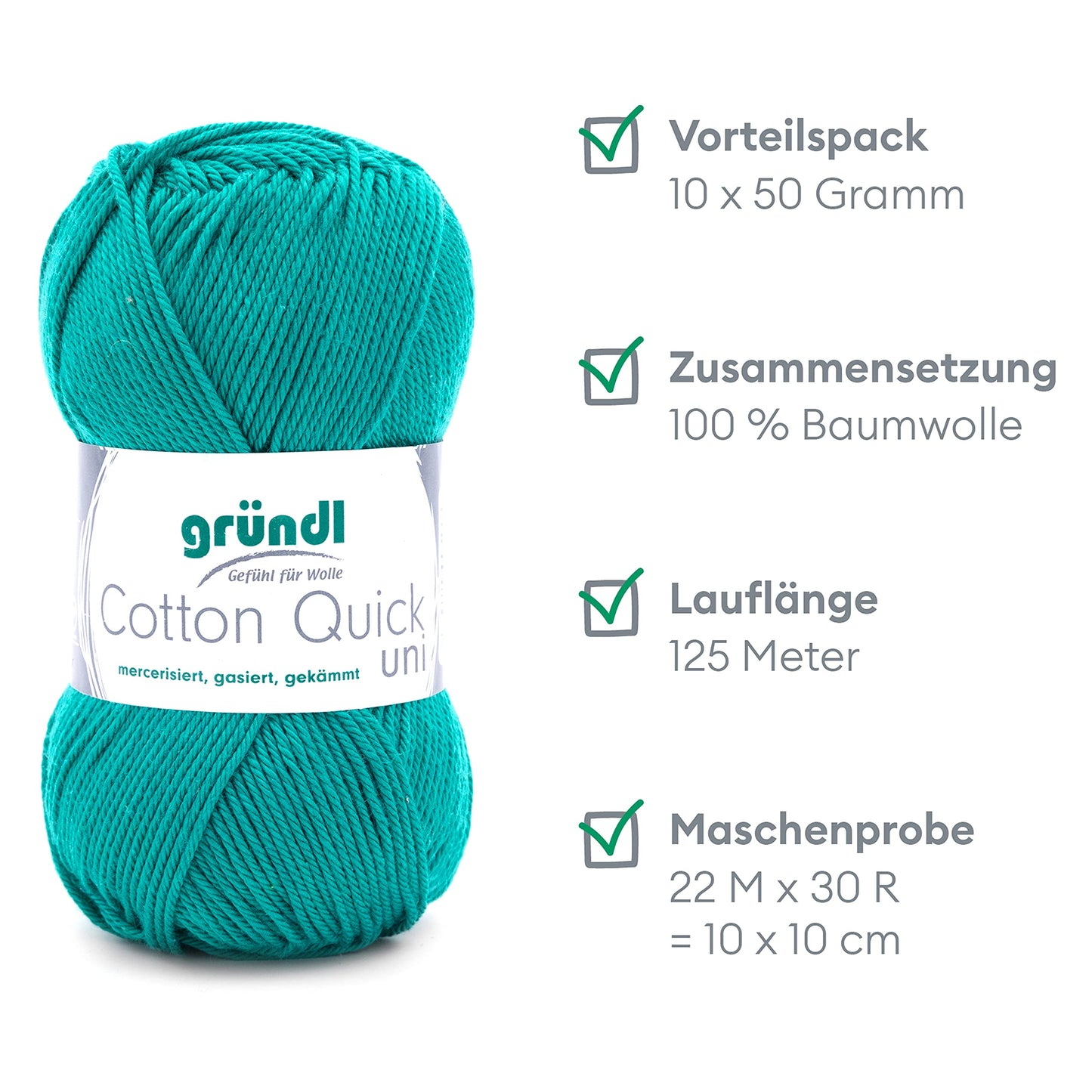 Gründl Wolle Cotton Quick uni - thin wool for crocheting - knitting yarn - crochet yarn - shiny and skin-friendly - 100% cotton - 10 balls 50 g / 125 m - needle size 3-4 - emerald green - 865-90