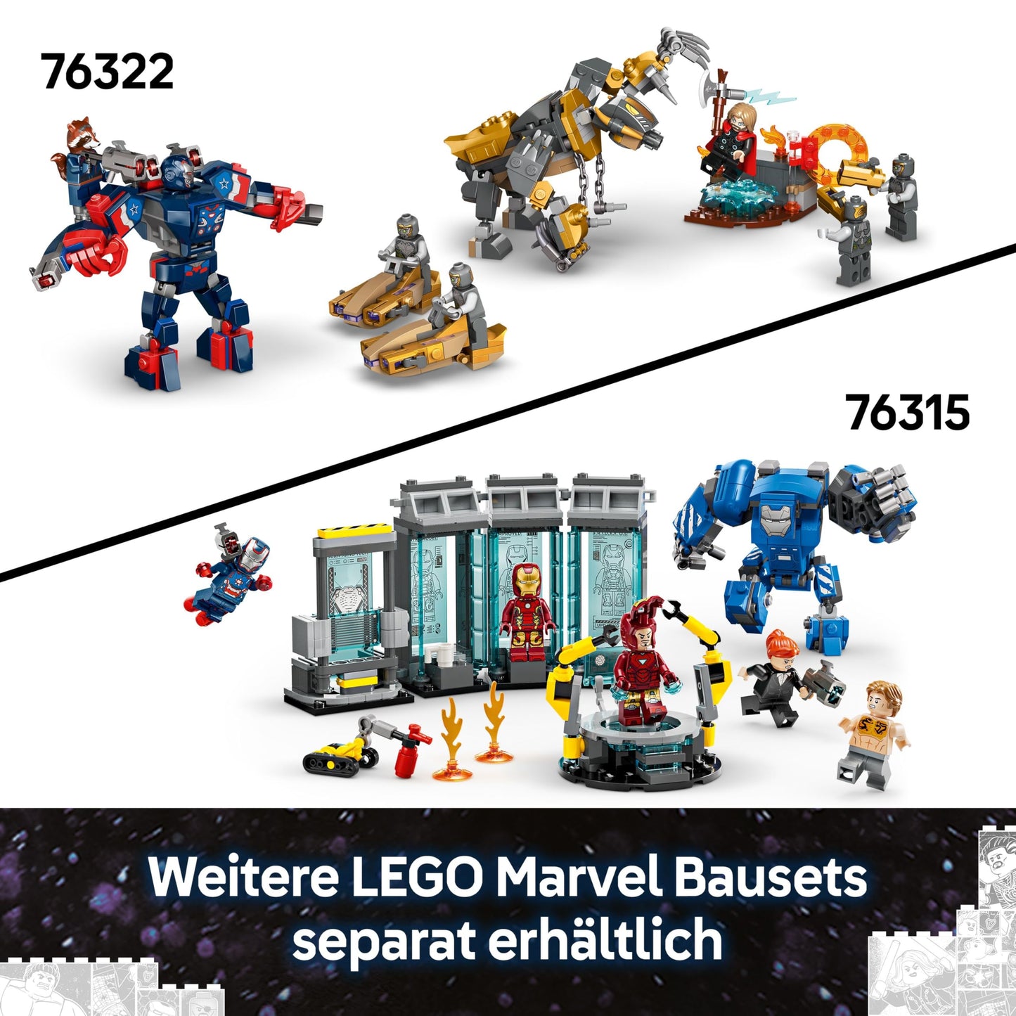 LEGO ǀ Marvel Iron Man & War Machine vs. Hammer Drones - Building Toy with 2 Minifigures & 2 Action Figures with Stud Shooters - Super Hero Gift for 7+ Year Old Boys - 76320