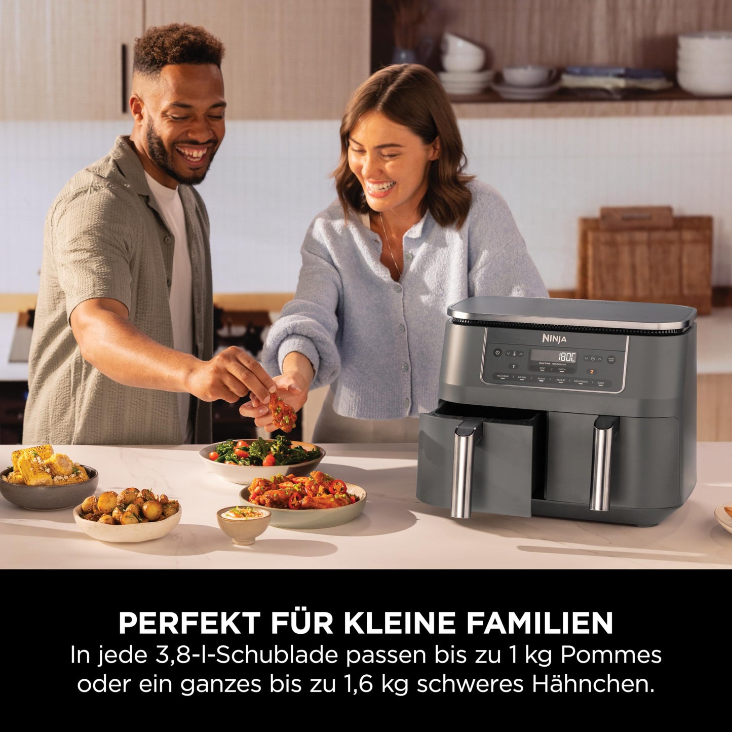 Ninja Dual Zone Digital Air Fryer, 2 Drawer, 6-in-1, Oil-Free Air Fryer, 7.6L, Air Frying, Max Crisp, Roasting, Baking, Reheating, Dishwasher Safe Baskets, Metallic Gray DZ300EU