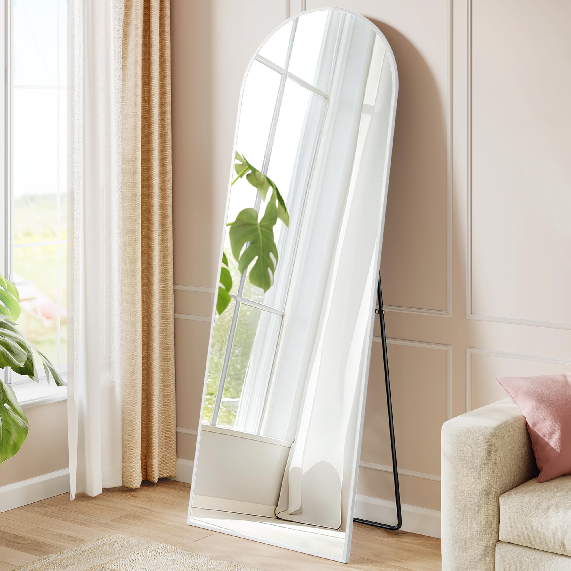 SONGMICS Full Length Mirror 160x50cm Curved Standing Mirror Aluminum Alloy Frame Tempered Glass for Bedroom Living Room Cloakroom Matte White LFM031WC01 - ULFM031WC01