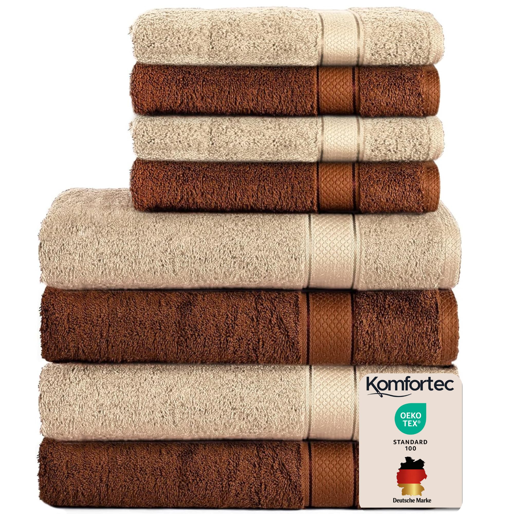 Set 8 prosoape Komfortec, 4 prosoape de baie 70x140 cm și 4 prosoape de mâini 50x100 cm, frotir 100% bumbac, pufos și absorbant, maro/bej - 4er-50x100-und-4er-70x140-braun-beige