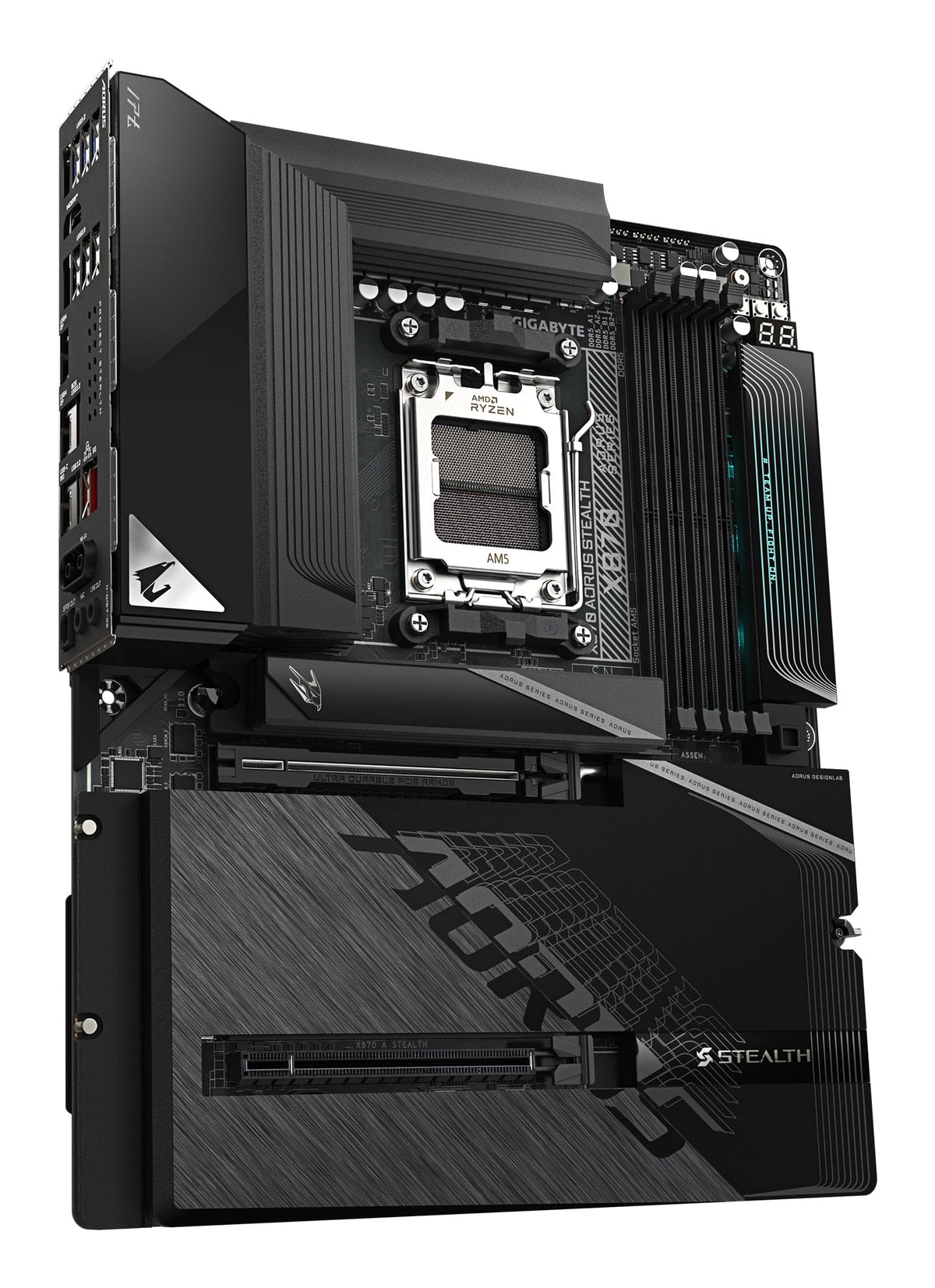 GIGABYTE X870 AORUS Stealth Mainboard - Supports AMD Ryzen 9000 CPUs, digital 16+2+2 phase VRM, up to 8200MHz DDR5 (O.C.), 2xPCIe 5.0 + 2xPCIe 4.0, Wi-Fi 7, 5GbE LAN, USB 4