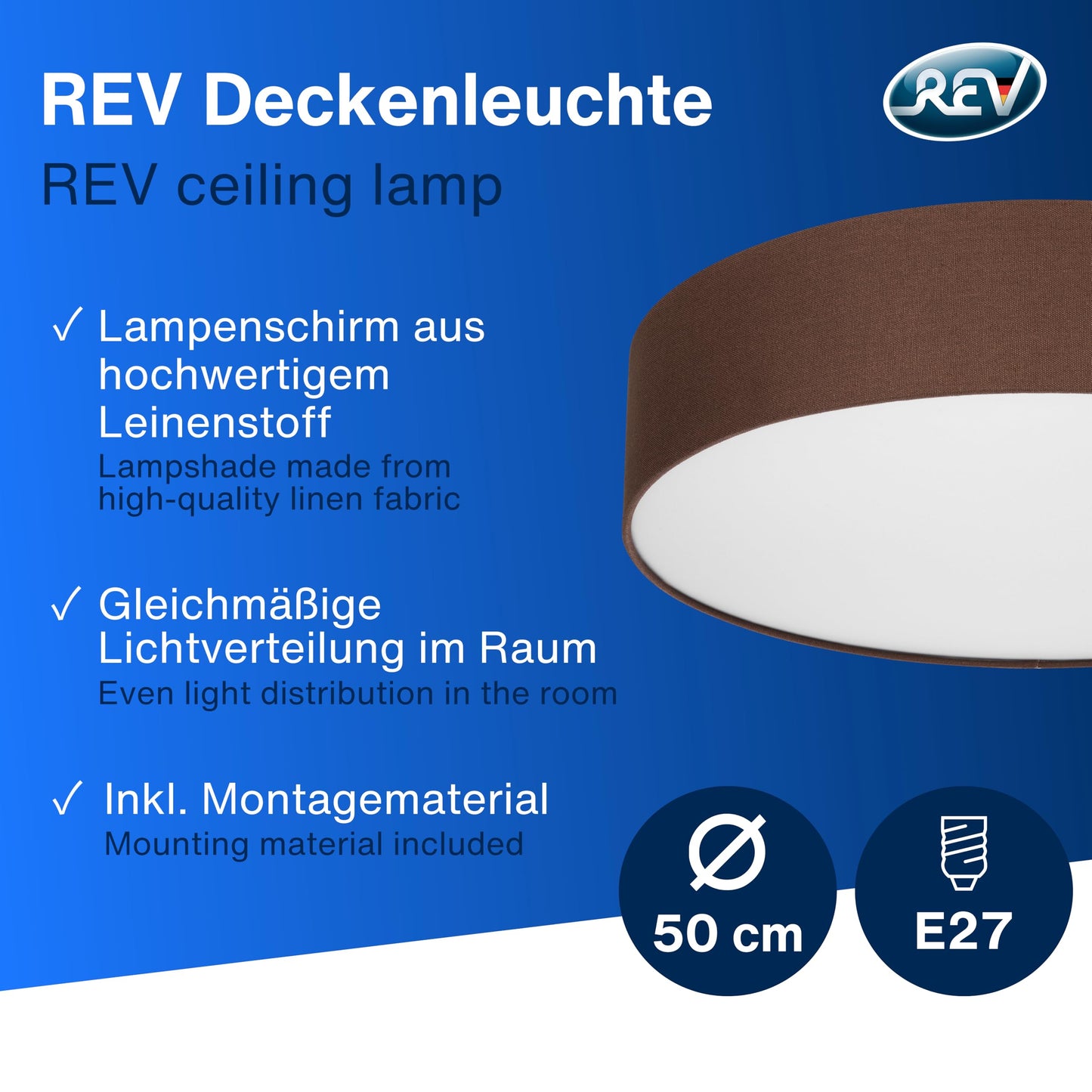 REV ceiling light - ceiling lamp around 50cm with fabric lampshade in a vintage look - ideal for bedrooms and living rooms, brown - 2021115010