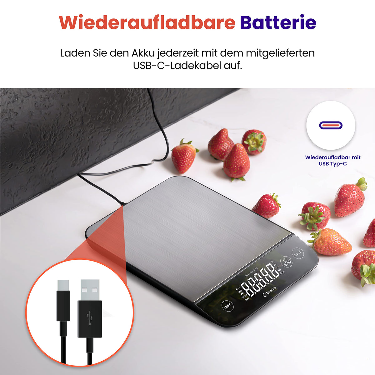 Etekcity 10kg Digital Kitchen Scale - Stainless Steel Kitchen Scale with USB Charging - EKS-L221