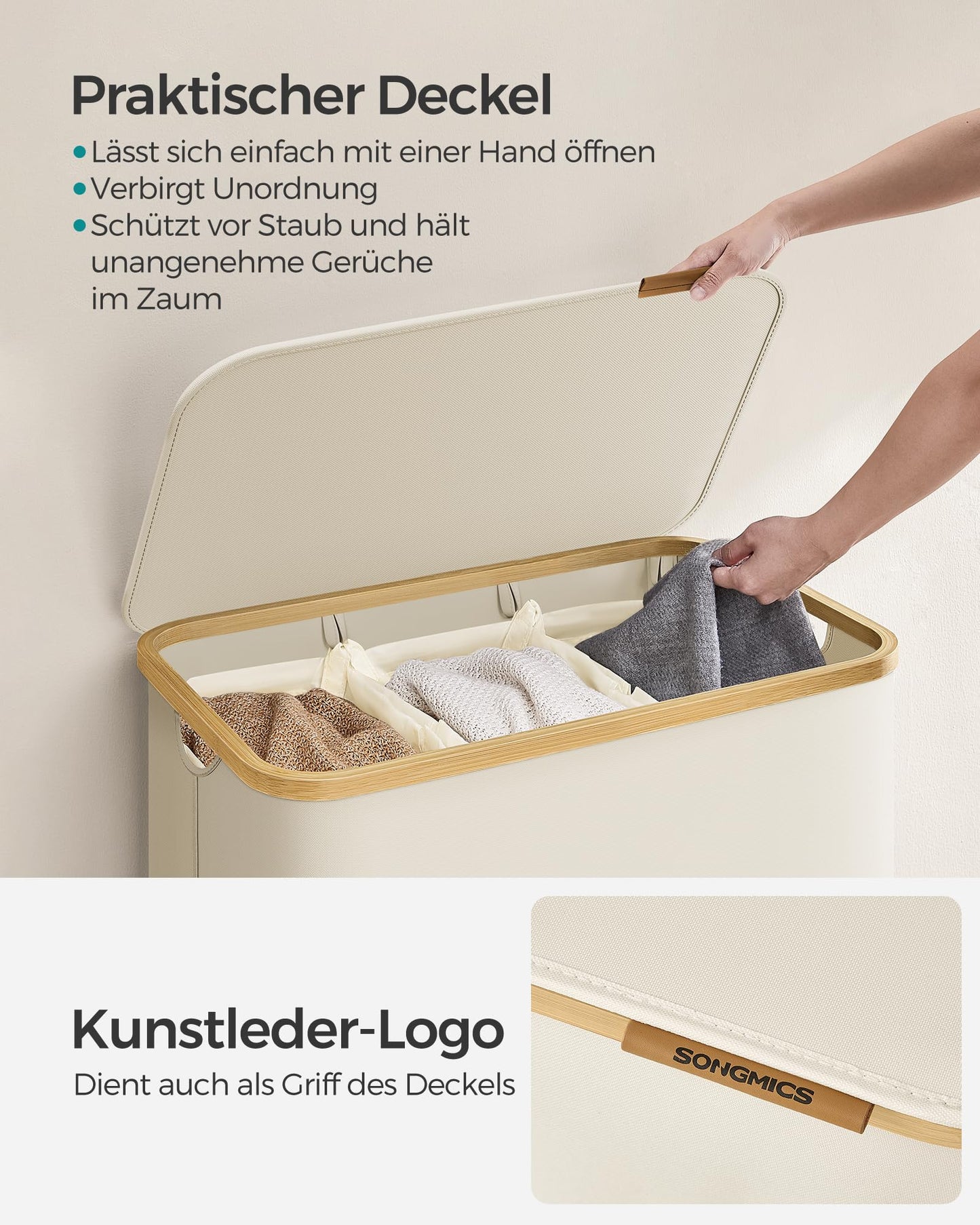 SONGMICS Laundry Basket with Lid, Laundry Hamper with 3 Compartments, 150L, Removable Laundry Bag, Oxford Fabric, Bamboo Handles, Foldable, 60 x 38.5 x 70.5 cm, Cream White LCB515W01 - PCT611W01