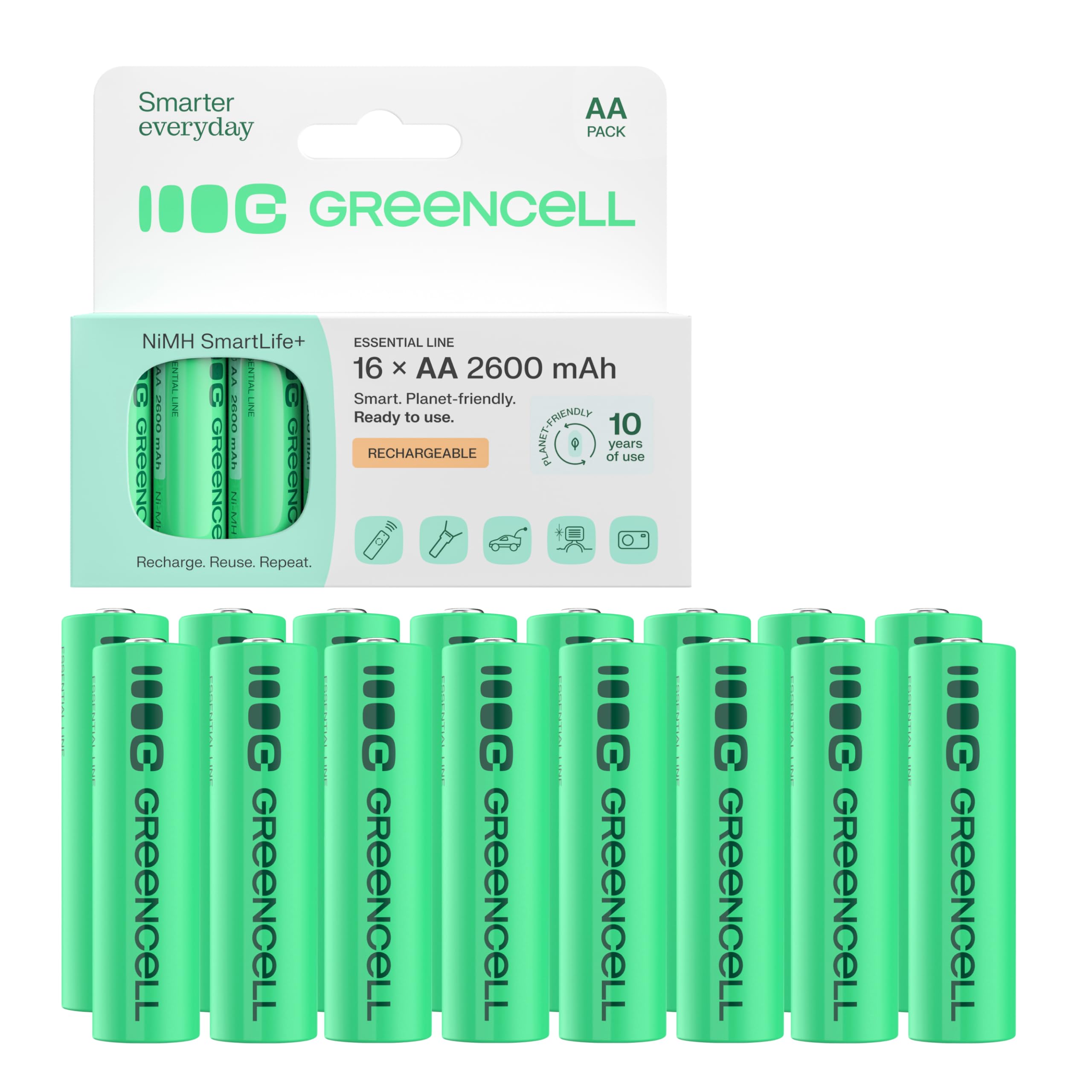 Green Cell battery 2600 mAh 1.2V, 16 pieces of batteries AA Mignon NI-MH rechargeable, ready for immediate use without memory effect, pre-charged, strong performance, low self-discharge, rechargeable battery - GR10
