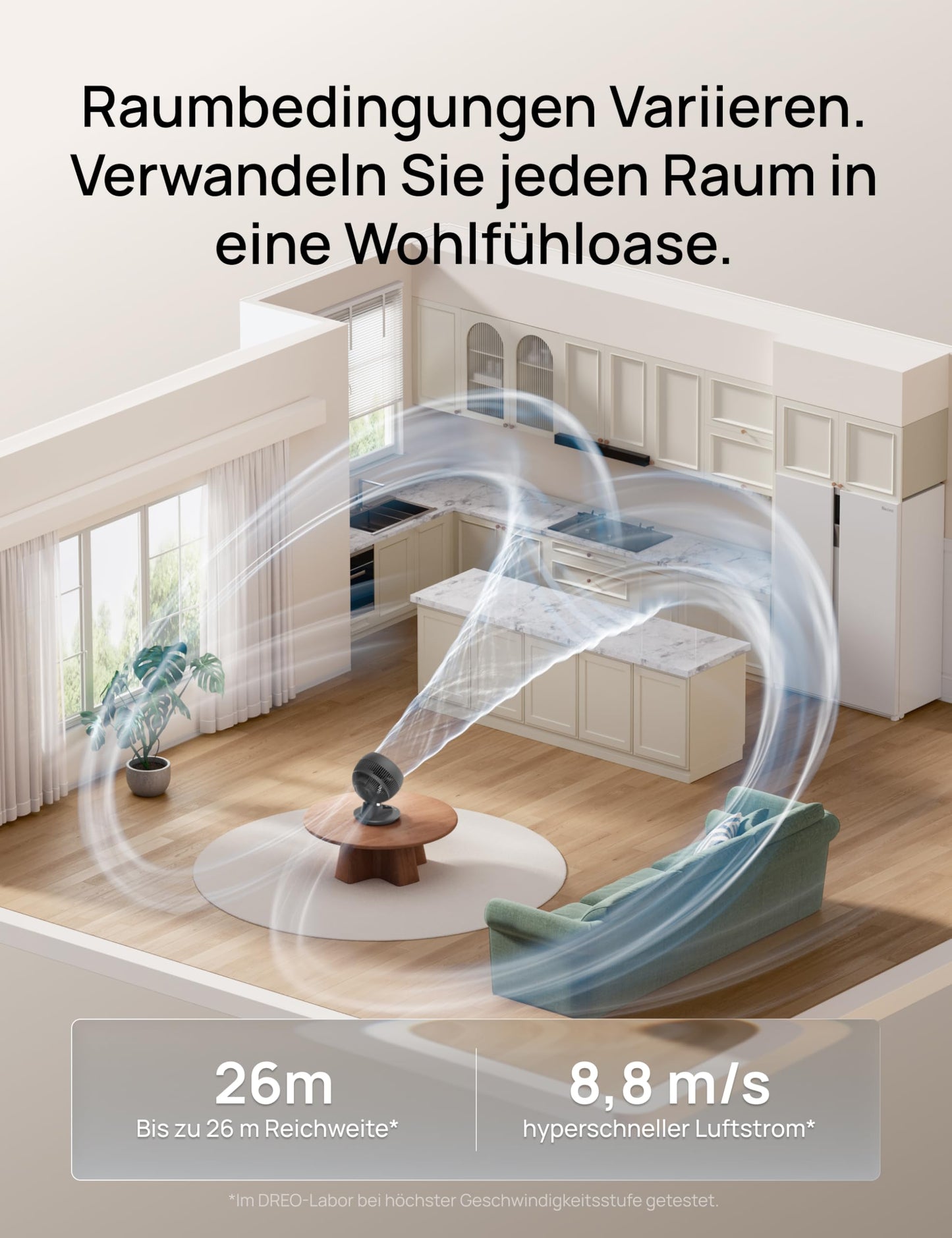 DREO 3D table fan, very quiet 22 dB, small fan with remote control, 8.8 m/s strong airflow, 90° oscillation, app & voice control, 9 levels, 8/12h timer for bedroom & office - DR-HAF008