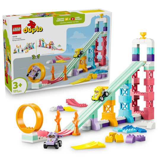 LEGO DUPLO Town Creative ski jumps with small speedsters 3-in-1 set - learning toy to promote motor skills - Montessori toy with 2 racing cars - gift for toddlers aged 3 and over - 10478