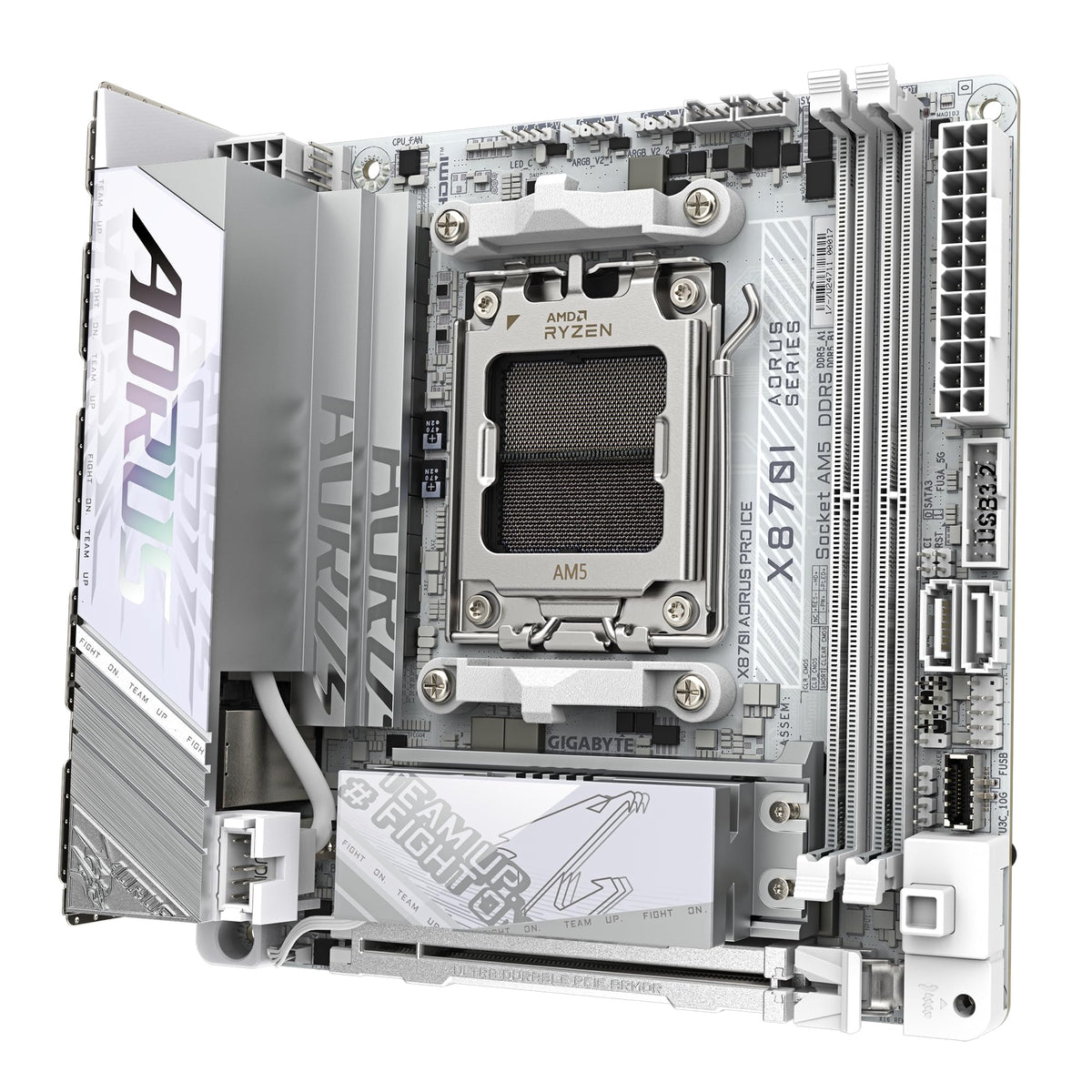 GIGABYTE X870I AORUS PRO Ice Placă de bază - Suportă procesoare AMD Ryzen din seria 9000, VRM cu 8+2+1 faze, până la 8400 MHz DDR5 (OC), 1xPCIe 5.0 M.2 + 1xPCIe 4.0 M.2, WI-FI 7, LAN 2,5 GbE, USB 4
