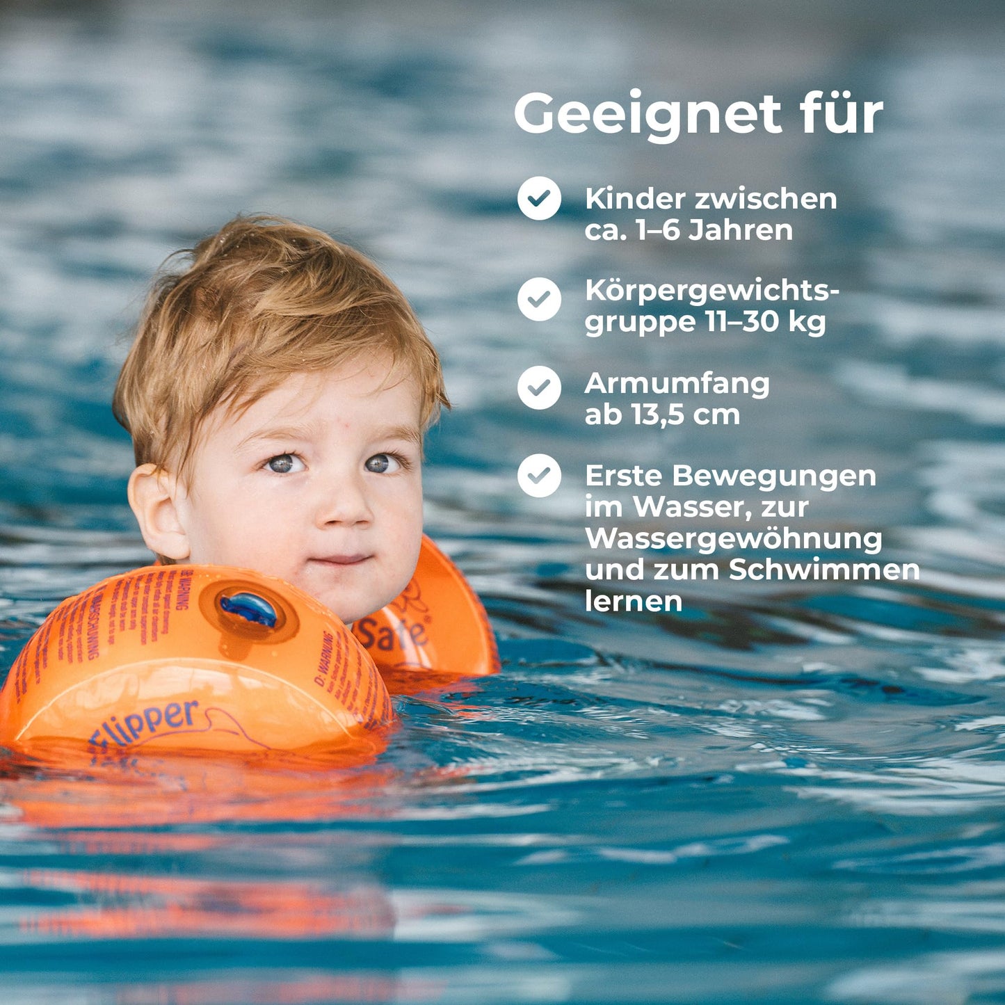 Flipper SwimSafe 1024 - swimming aid for babies aged 1 year and over, water wings with unbreakable PE foam core, including dolphin toy, orange