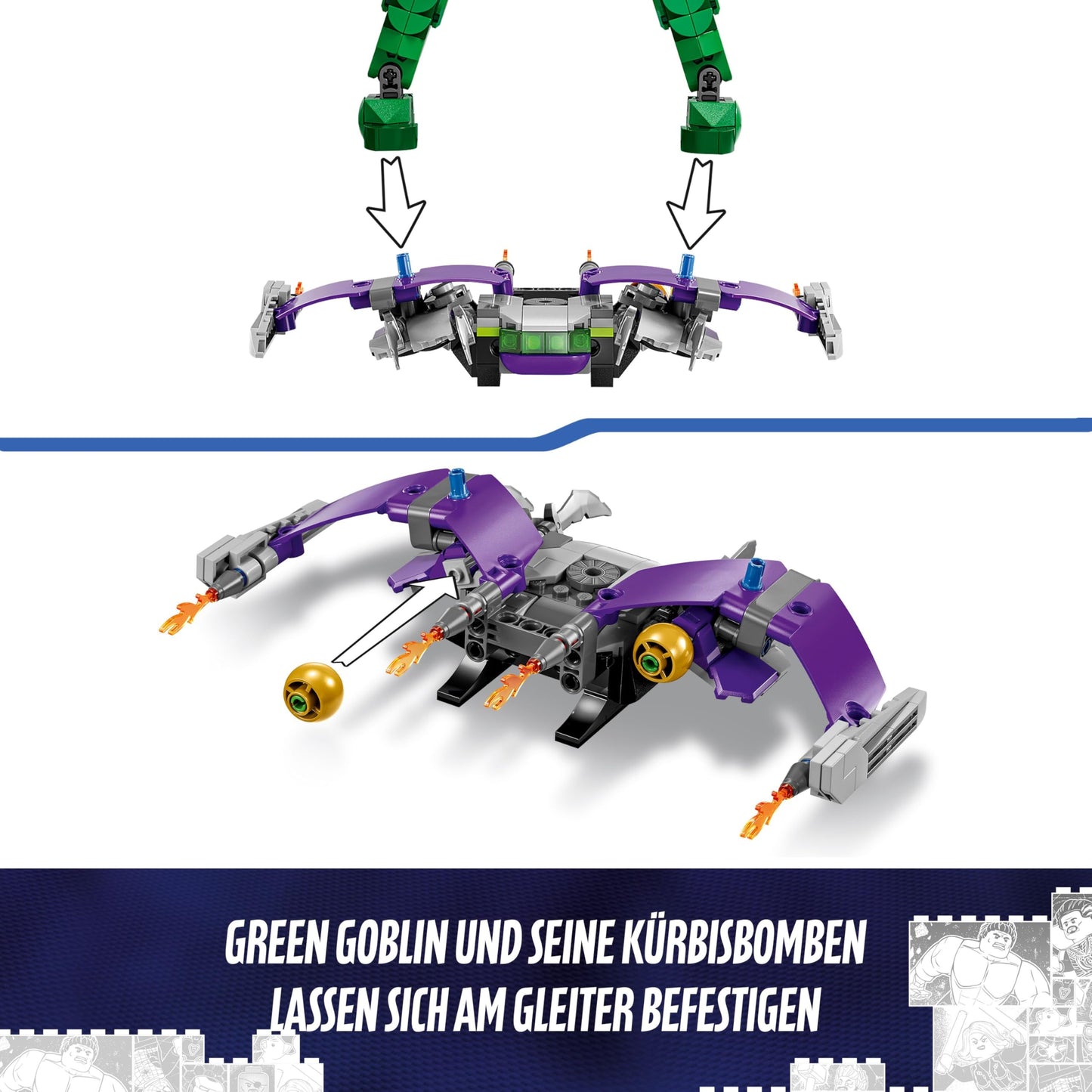 LEGO Marvel Green Goblin building figure - movable supervillain toy for children aged 8 and over - boys and girls - Spider-Man universe set with glider and pumpkin bombs - children's gift - 76284